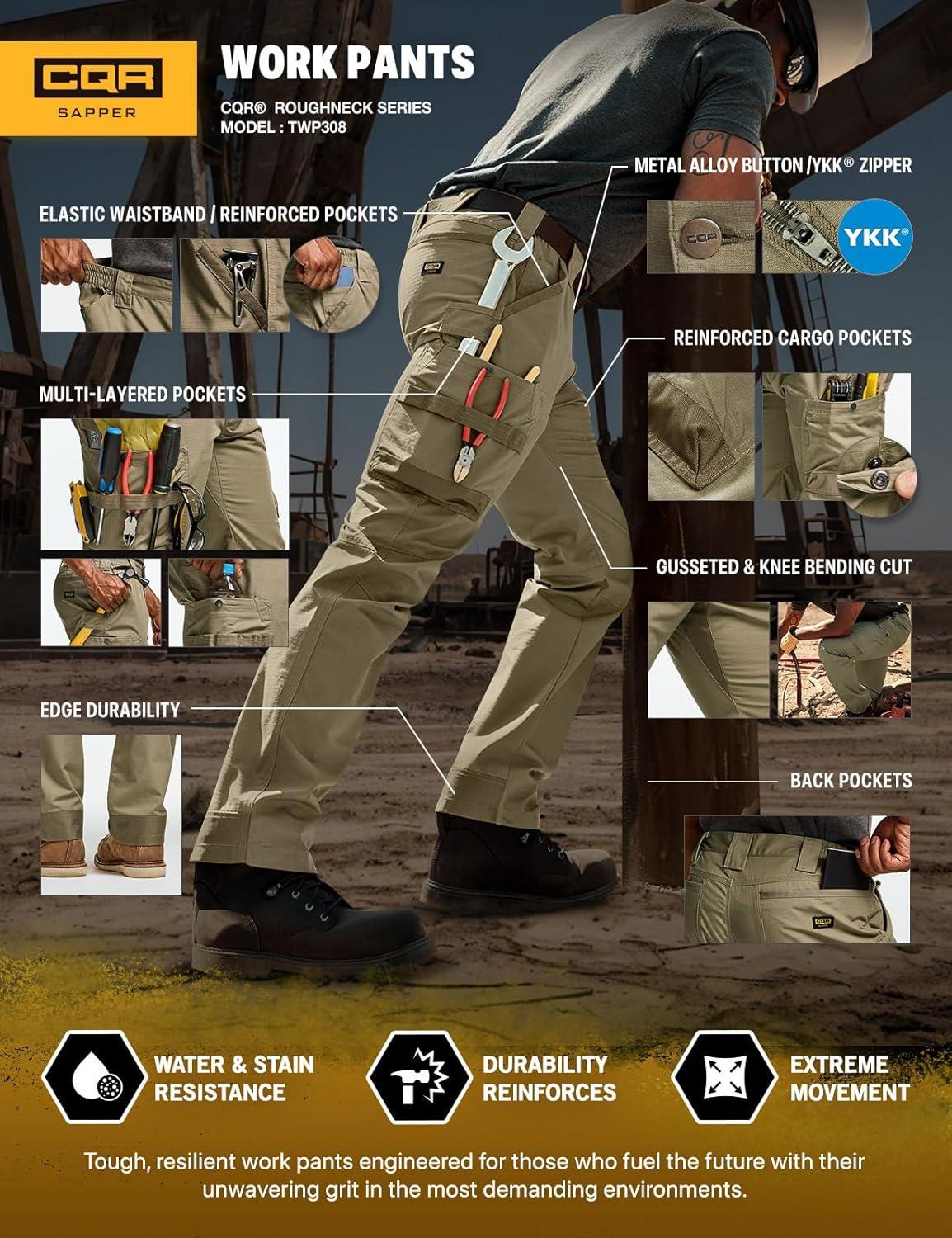 imageCQR Mens Quick Dry Work Pants Water Resistant Outdoor Tactical Pants Lightweight Stretch Cargo Hiking PantsFrontline Soil Green