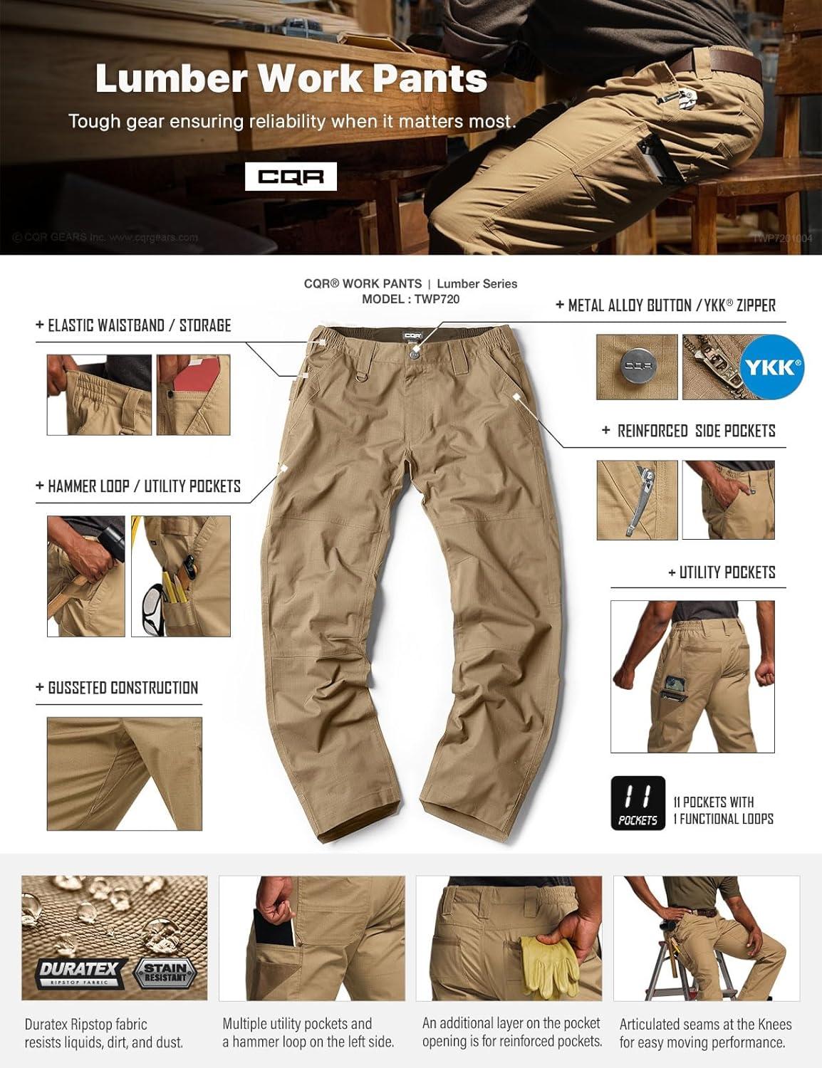 imageCQR Mens Quick Dry Work Pants Water Resistant Outdoor Tactical Pants Lightweight Stretch Cargo Hiking PantsLumber Cougar