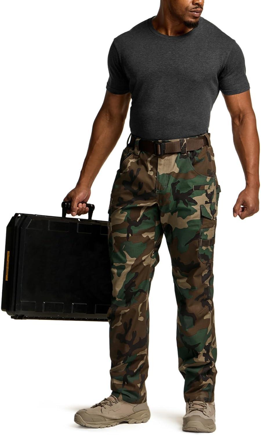 imageCQR Mens Quick Dry Work Pants Water Resistant Outdoor Tactical Pants Lightweight Stretch Cargo Hiking PantsPrint Work Pants Woodland Olive