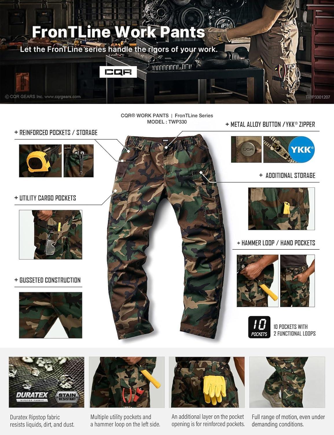 imageCQR Mens Quick Dry Work Pants Water Resistant Outdoor Tactical Pants Lightweight Stretch Cargo Hiking PantsPrint Work Pants Woodland Olive