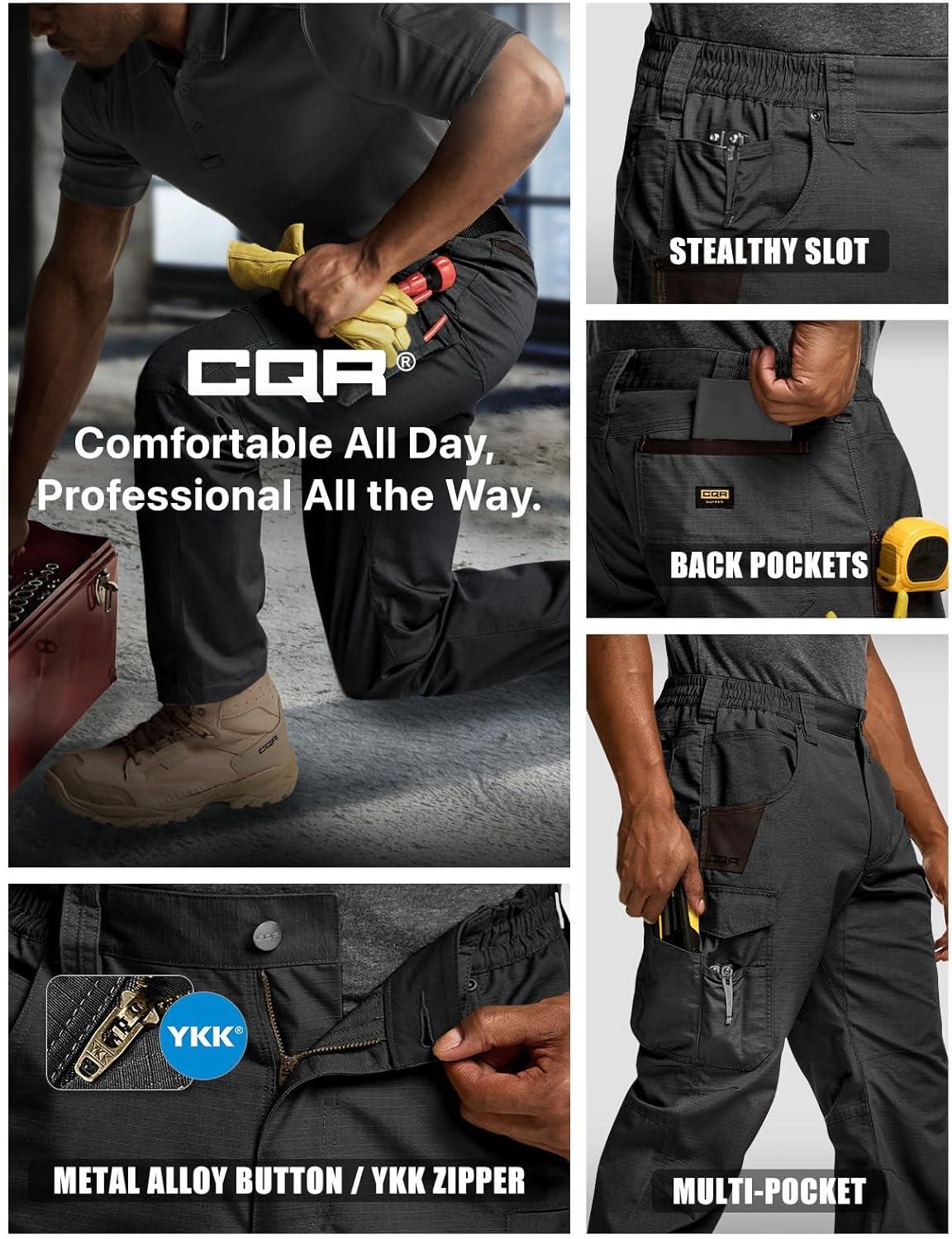 imageCQR Mens Quick Dry Work Pants Water Resistant Outdoor Tactical Pants Lightweight Stretch Cargo Hiking PantsWork Pants Black