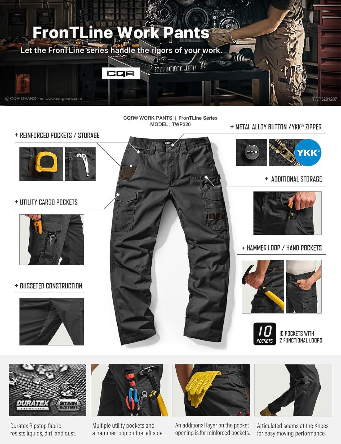 imageCQR Mens Quick Dry Work Pants Water Resistant Outdoor Tactical Pants Lightweight Stretch Cargo Hiking PantsWork Pants Black