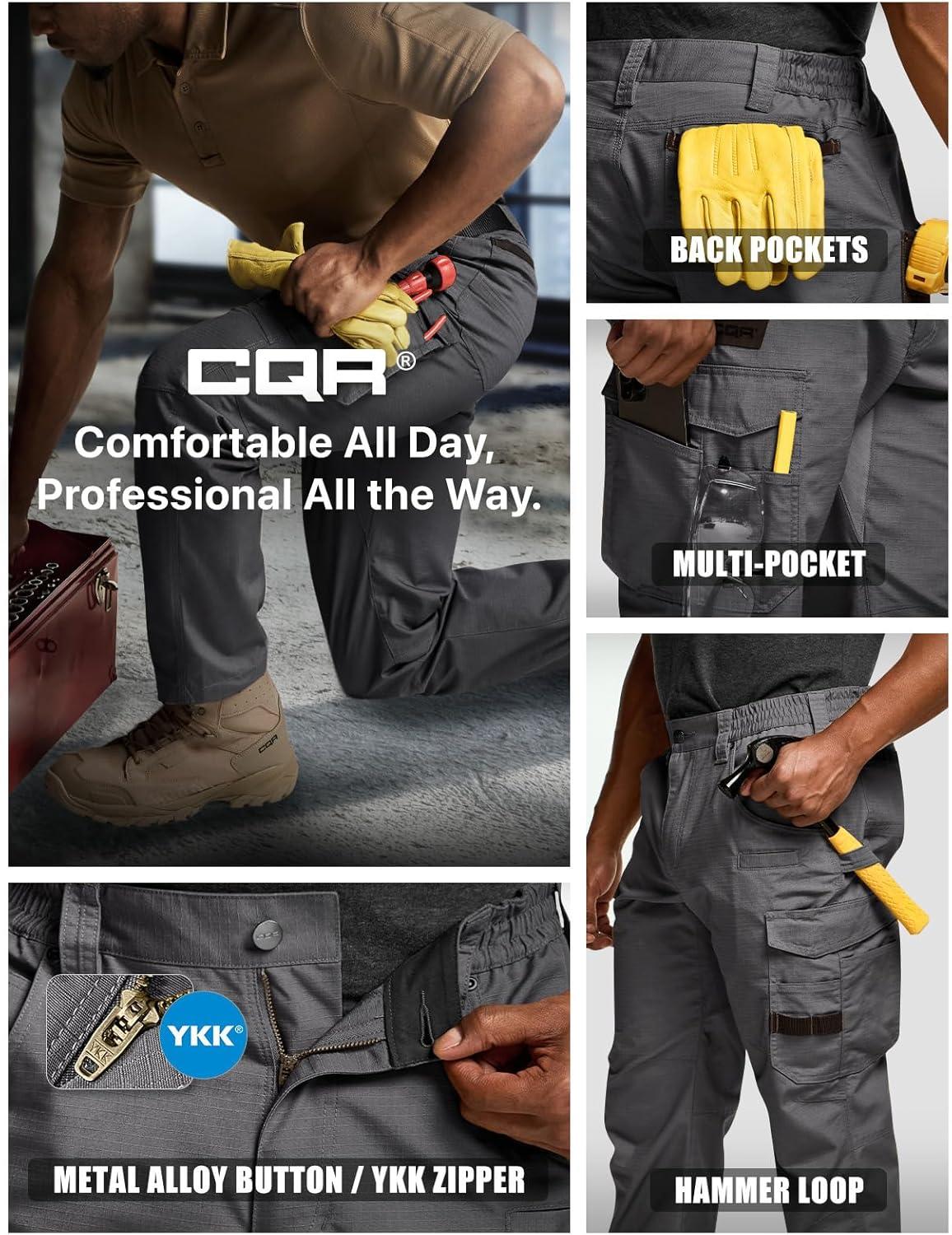 imageCQR Mens Quick Dry Work Pants Water Resistant Outdoor Tactical Pants Lightweight Stretch Cargo Hiking PantsWork Pants Charcoal