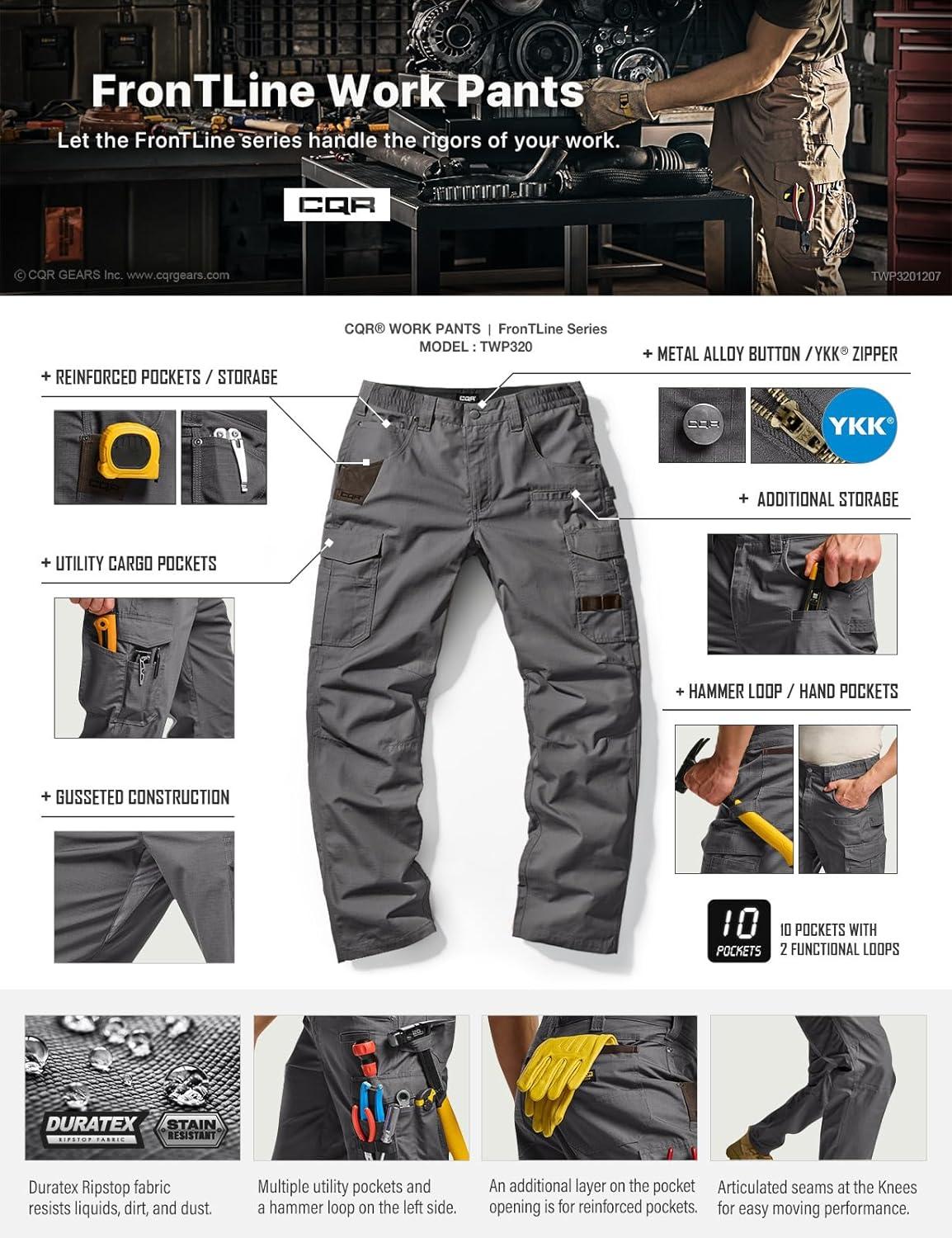 imageCQR Mens Quick Dry Work Pants Water Resistant Outdoor Tactical Pants Lightweight Stretch Cargo Hiking PantsWork Pants Charcoal