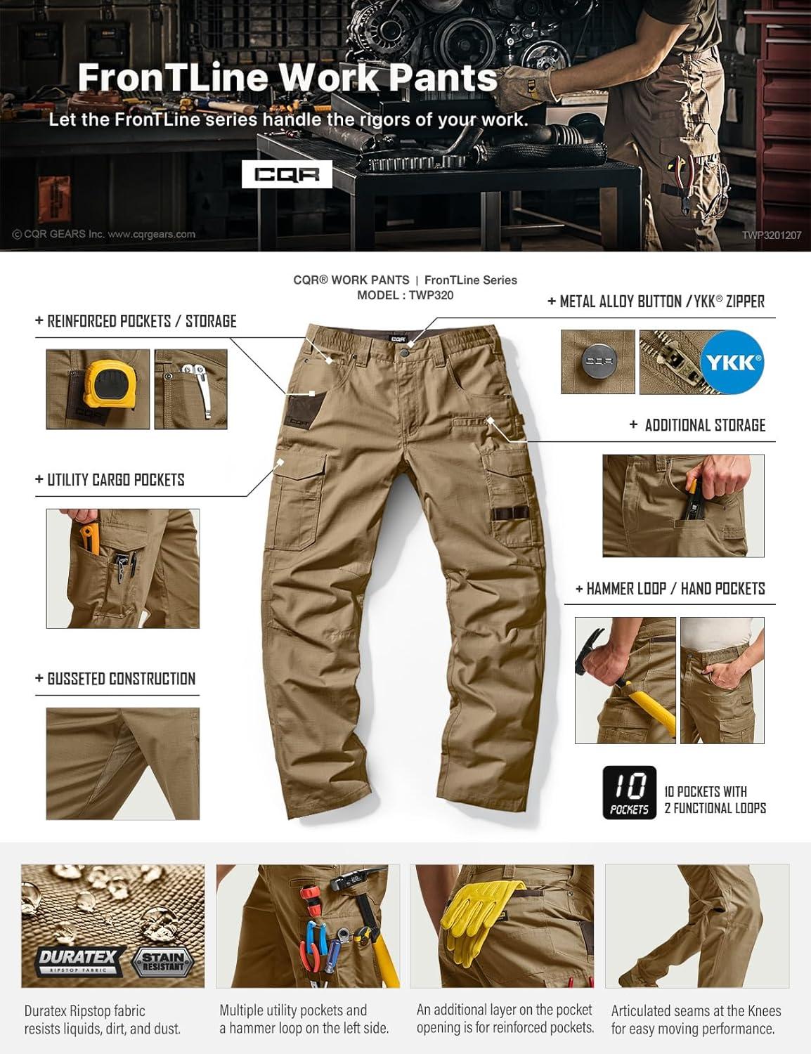 imageCQR Mens Quick Dry Work Pants Water Resistant Outdoor Tactical Pants Lightweight Stretch Cargo Hiking PantsWork Pants Cougar