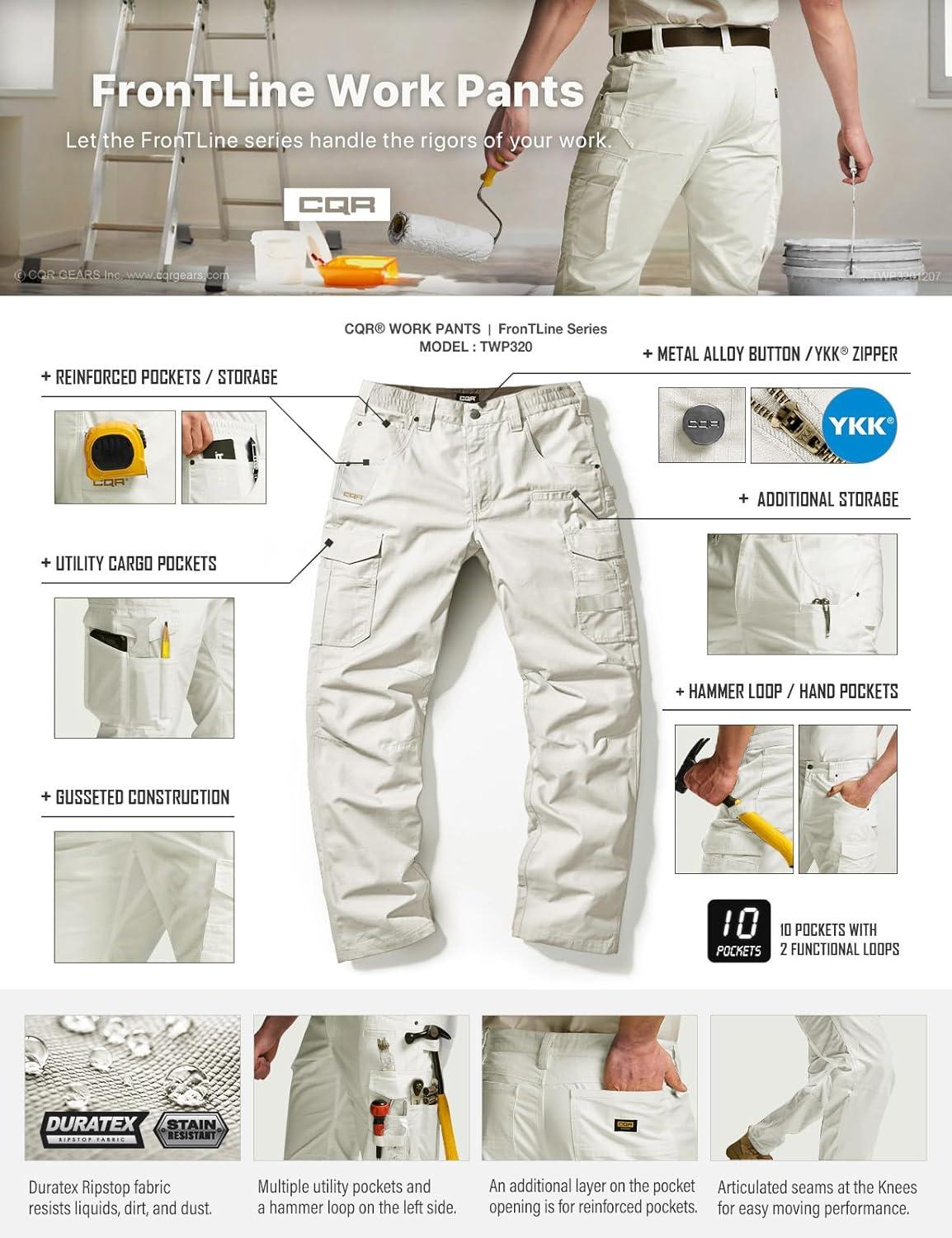 imageCQR Mens Quick Dry Work Pants Water Resistant Outdoor Tactical Pants Lightweight Stretch Cargo Hiking PantsWork Pants Frosted White