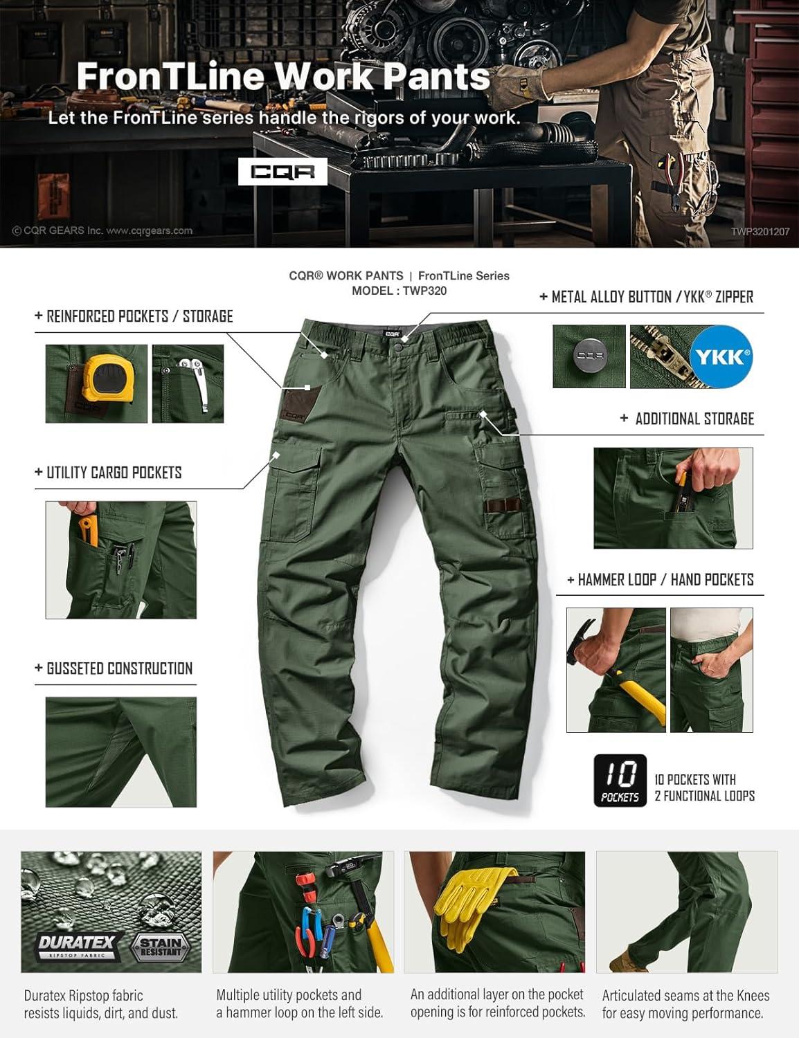 imageCQR Mens Quick Dry Work Pants Water Resistant Outdoor Tactical Pants Lightweight Stretch Cargo Hiking PantsWork Pants Green Kelp