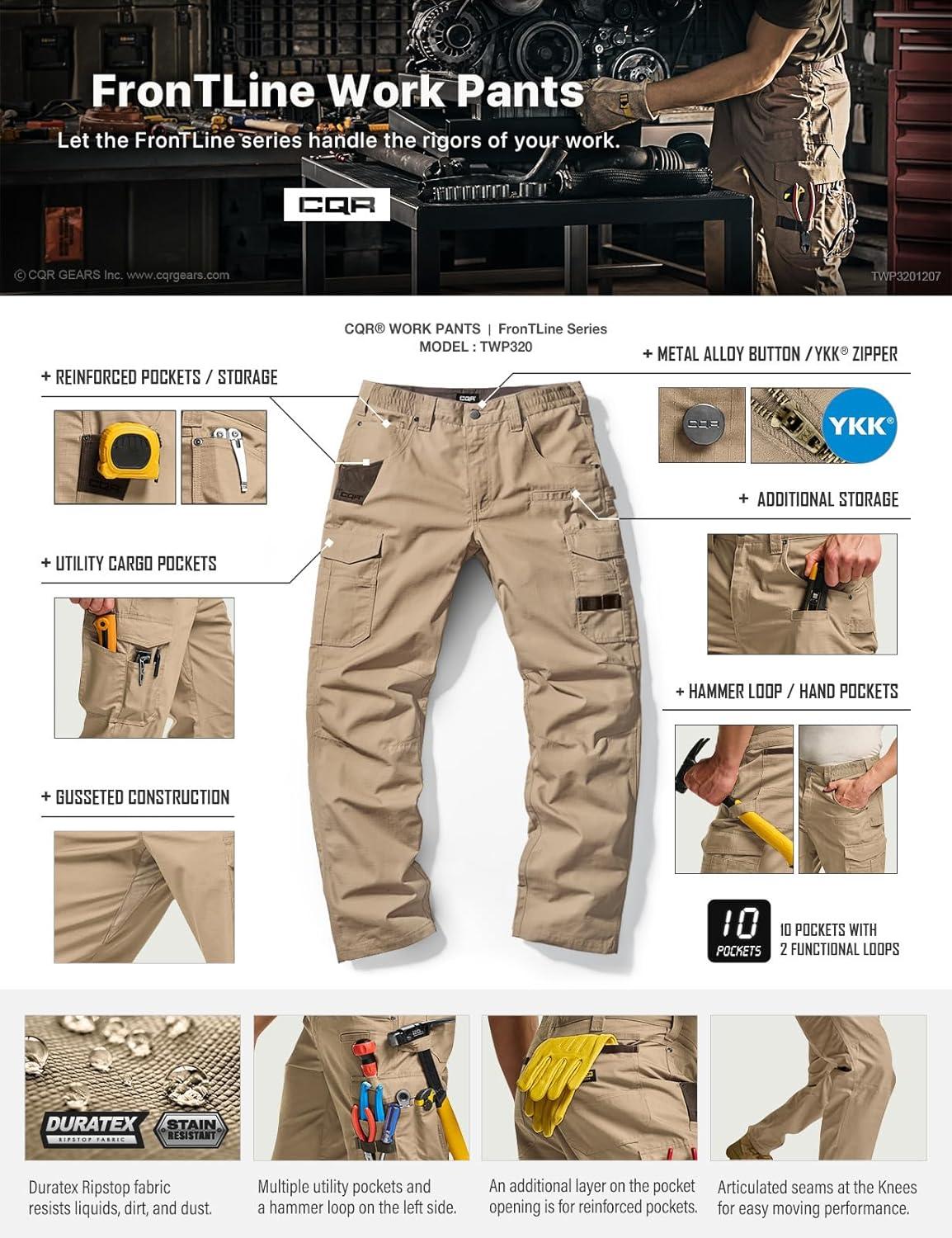 imageCQR Mens Quick Dry Work Pants Water Resistant Outdoor Tactical Pants Lightweight Stretch Cargo Hiking PantsWork Pants Khaki