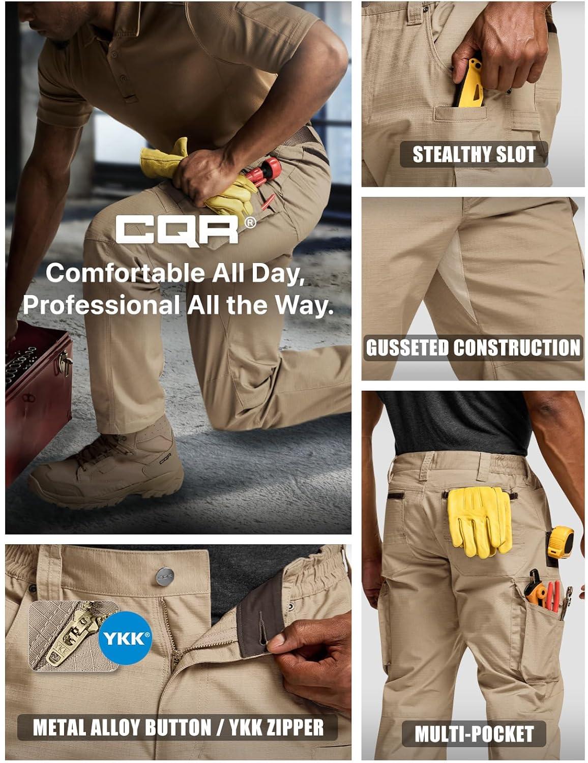 imageCQR Mens Quick Dry Work Pants Water Resistant Outdoor Tactical Pants Lightweight Stretch Cargo Hiking PantsWork Pants Khaki
