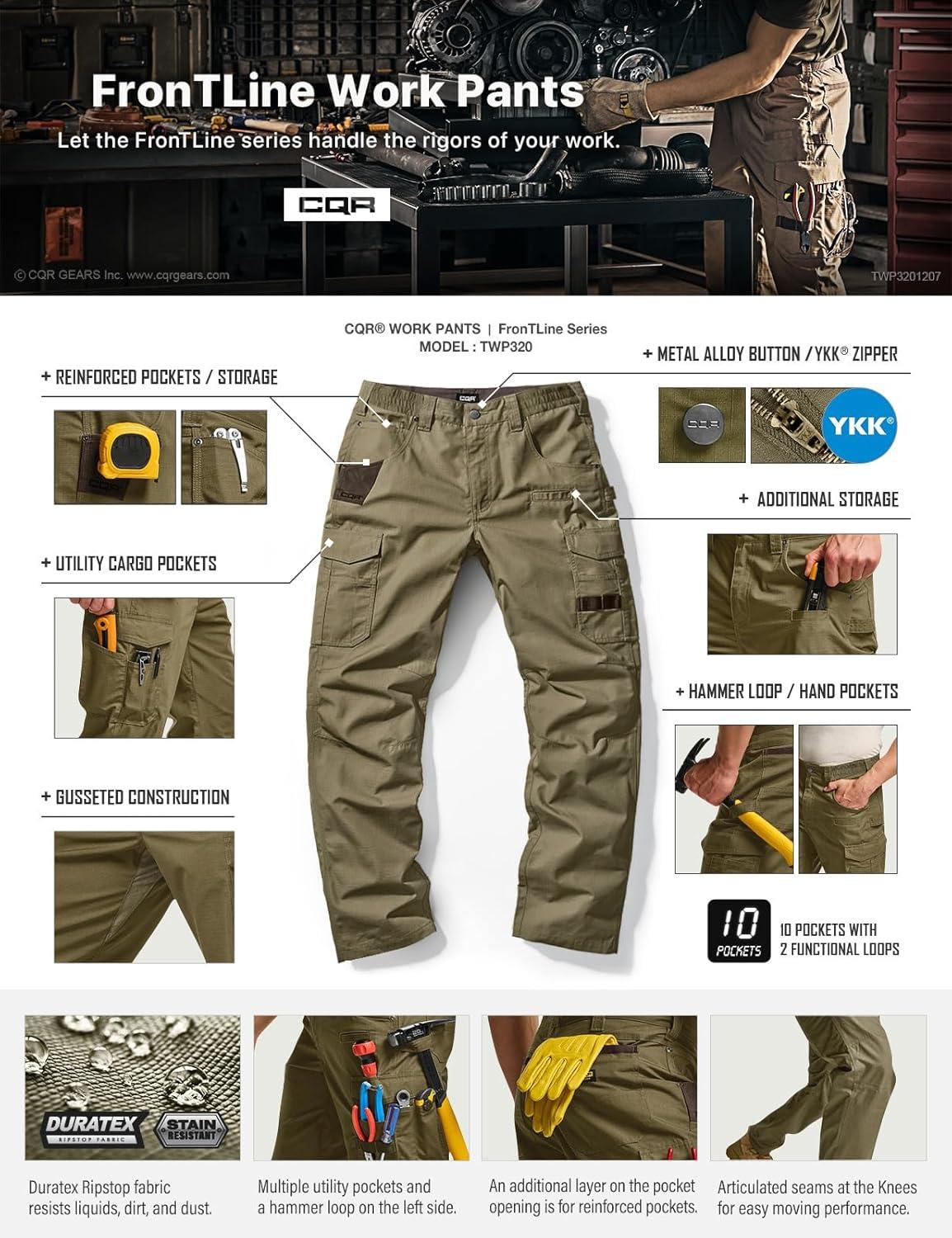 imageCQR Mens Quick Dry Work Pants Water Resistant Outdoor Tactical Pants Lightweight Stretch Cargo Hiking PantsWork Pants Soil Green
