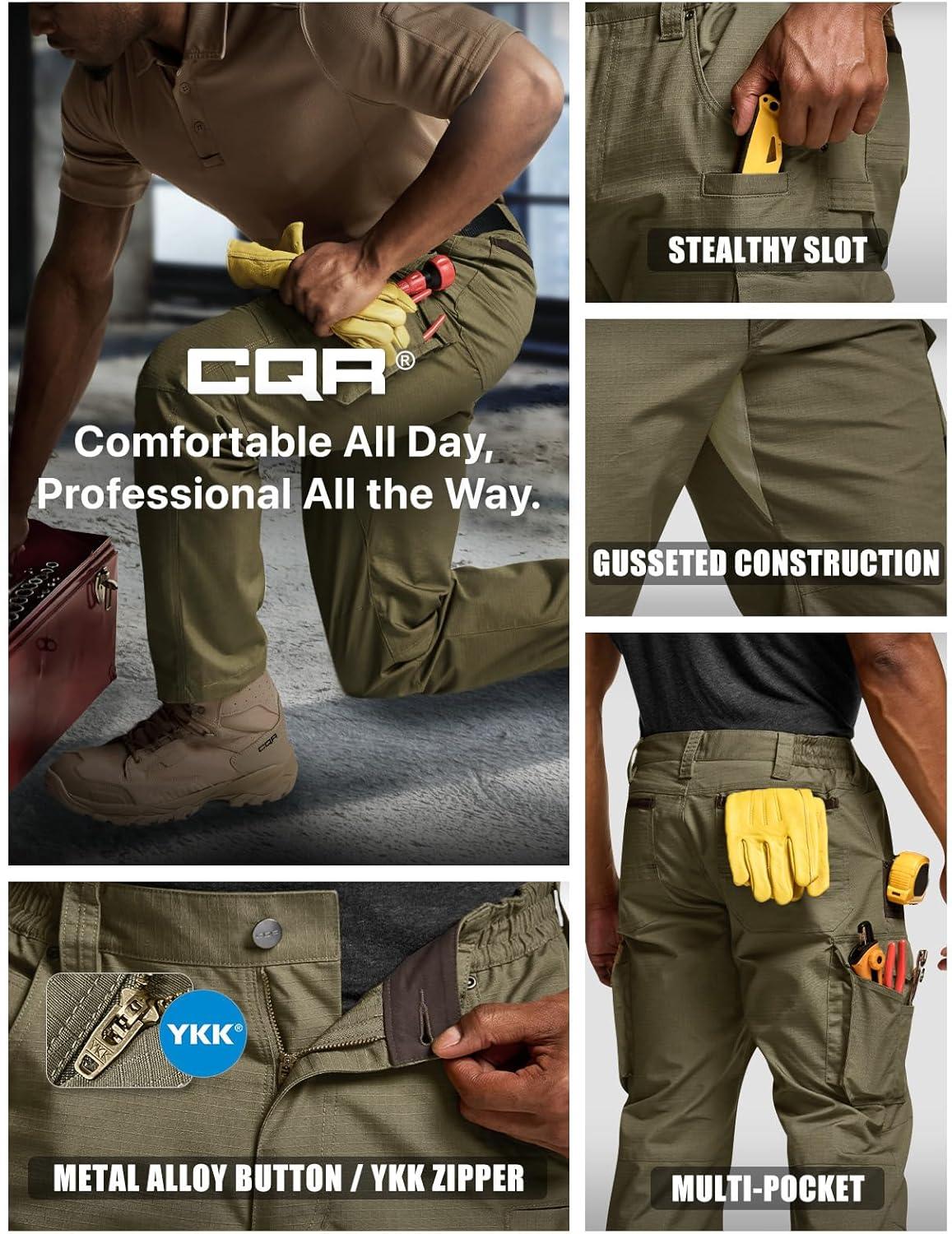 imageCQR Mens Quick Dry Work Pants Water Resistant Outdoor Tactical Pants Lightweight Stretch Cargo Hiking PantsWork Pants Soil Green