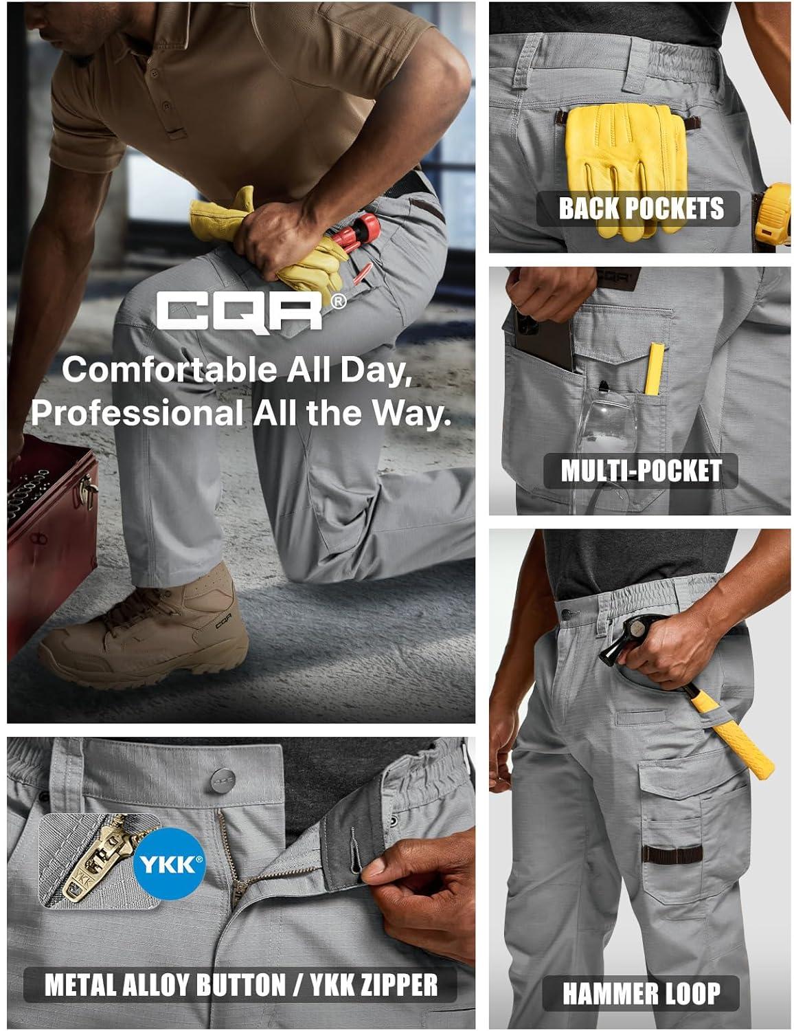 imageCQR Mens Quick Dry Work Pants Water Resistant Outdoor Tactical Pants Lightweight Stretch Cargo Hiking PantsWork Pants Stone