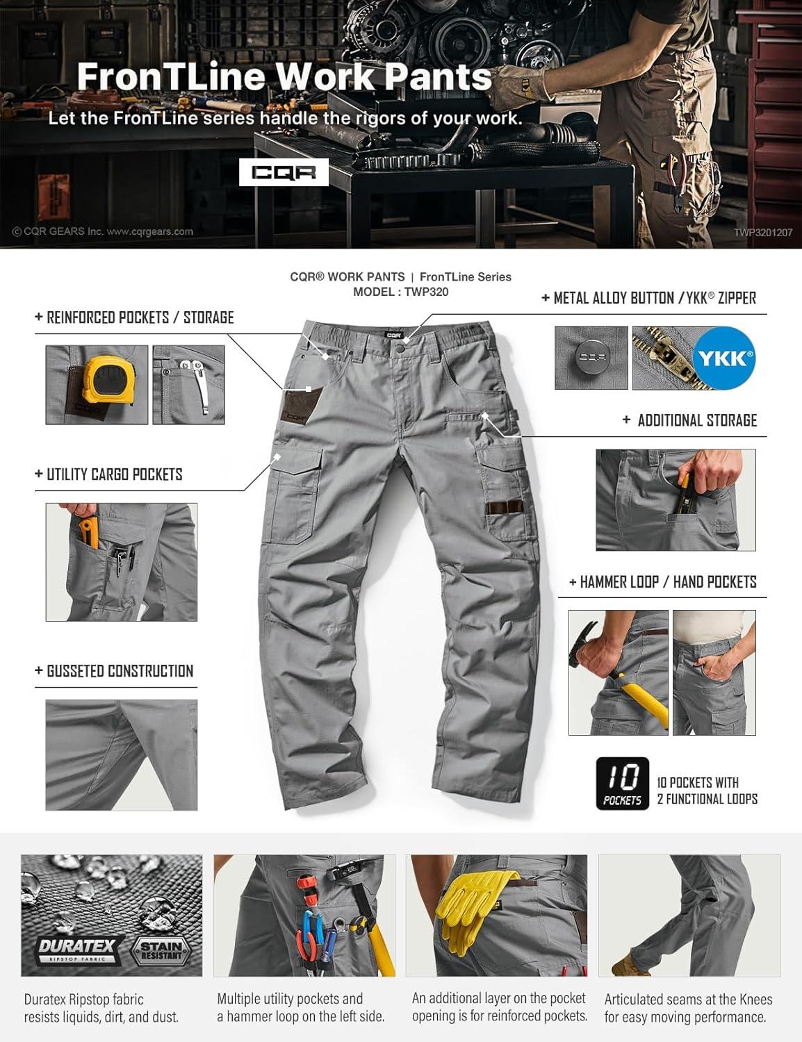 imageCQR Mens Quick Dry Work Pants Water Resistant Outdoor Tactical Pants Lightweight Stretch Cargo Hiking PantsWork Pants Stone