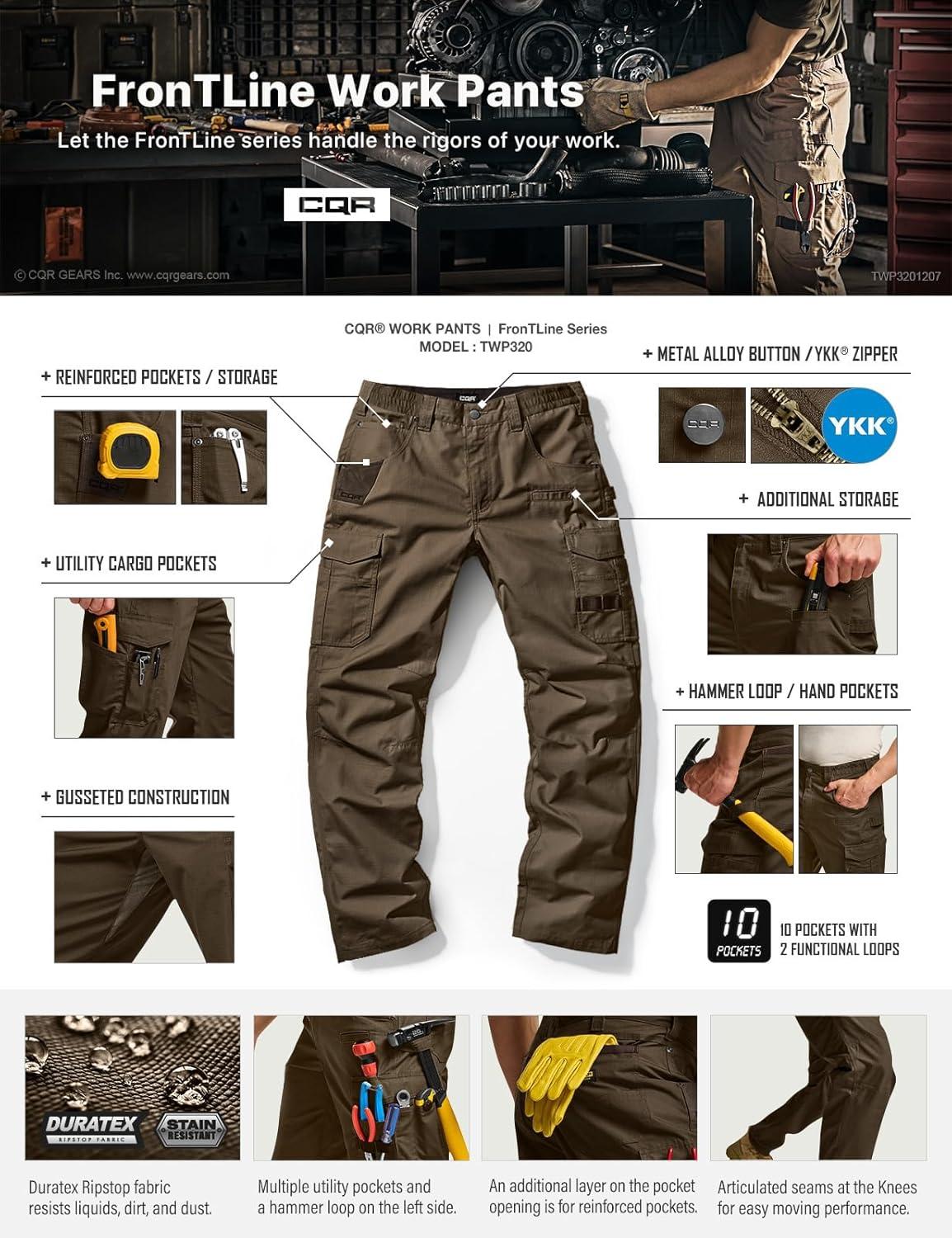 imageCQR Mens Quick Dry Work Pants Water Resistant Outdoor Tactical Pants Lightweight Stretch Cargo Hiking PantsWork Pants Tundra