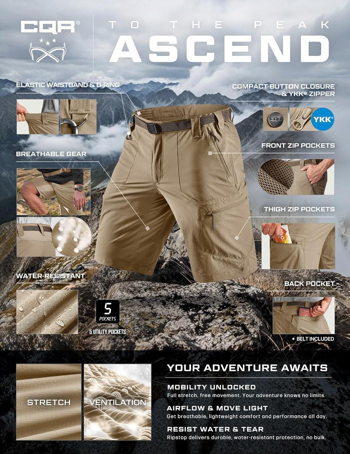 image:imageCQR Mens Quick Dry Stretch Hiking Cargo Shorts Lightweight Water Resistant Tactical Casual Golf amp Outdoor with PocketsPeak Alamo Khaki