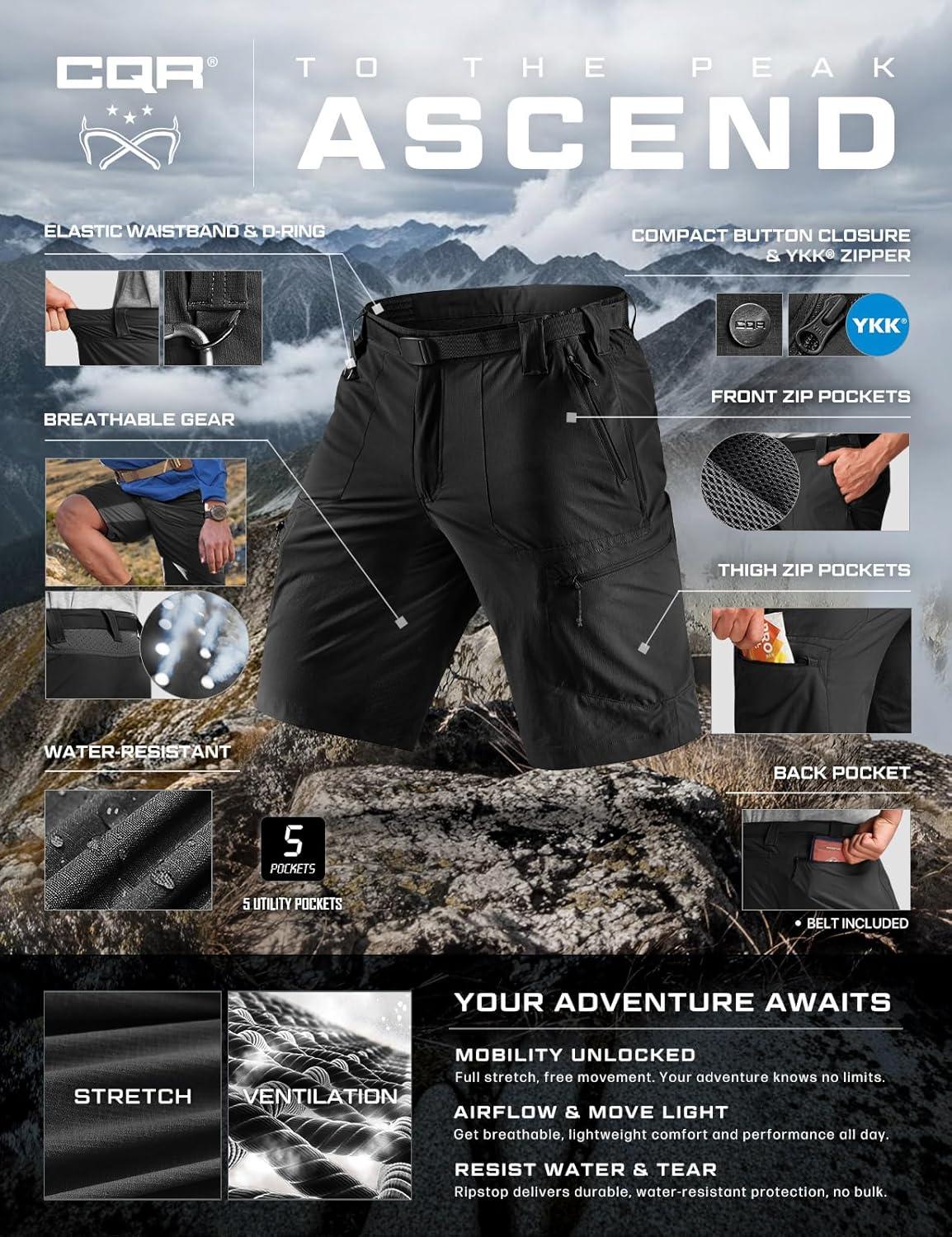 image:imageCQR Mens Quick Dry Stretch Hiking Cargo Shorts Lightweight Water Resistant Tactical Casual Golf amp Outdoor with PocketsPeak Black