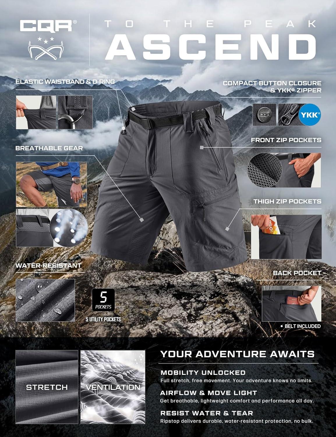 image:imageCQR Mens Quick Dry Stretch Hiking Cargo Shorts Lightweight Water Resistant Tactical Casual Golf amp Outdoor with PocketsPeak Carbon Grey