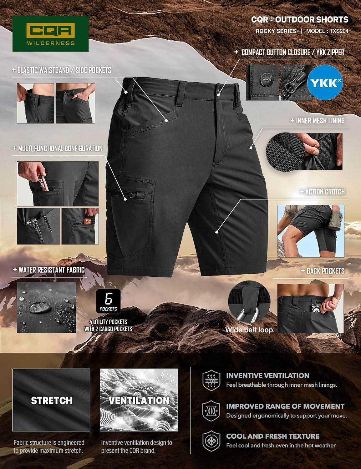 image:imageCQR Mens Quick Dry Stretch Hiking Cargo Shorts Lightweight Water Resistant Tactical Casual Golf amp Outdoor with PocketsRocky Black
