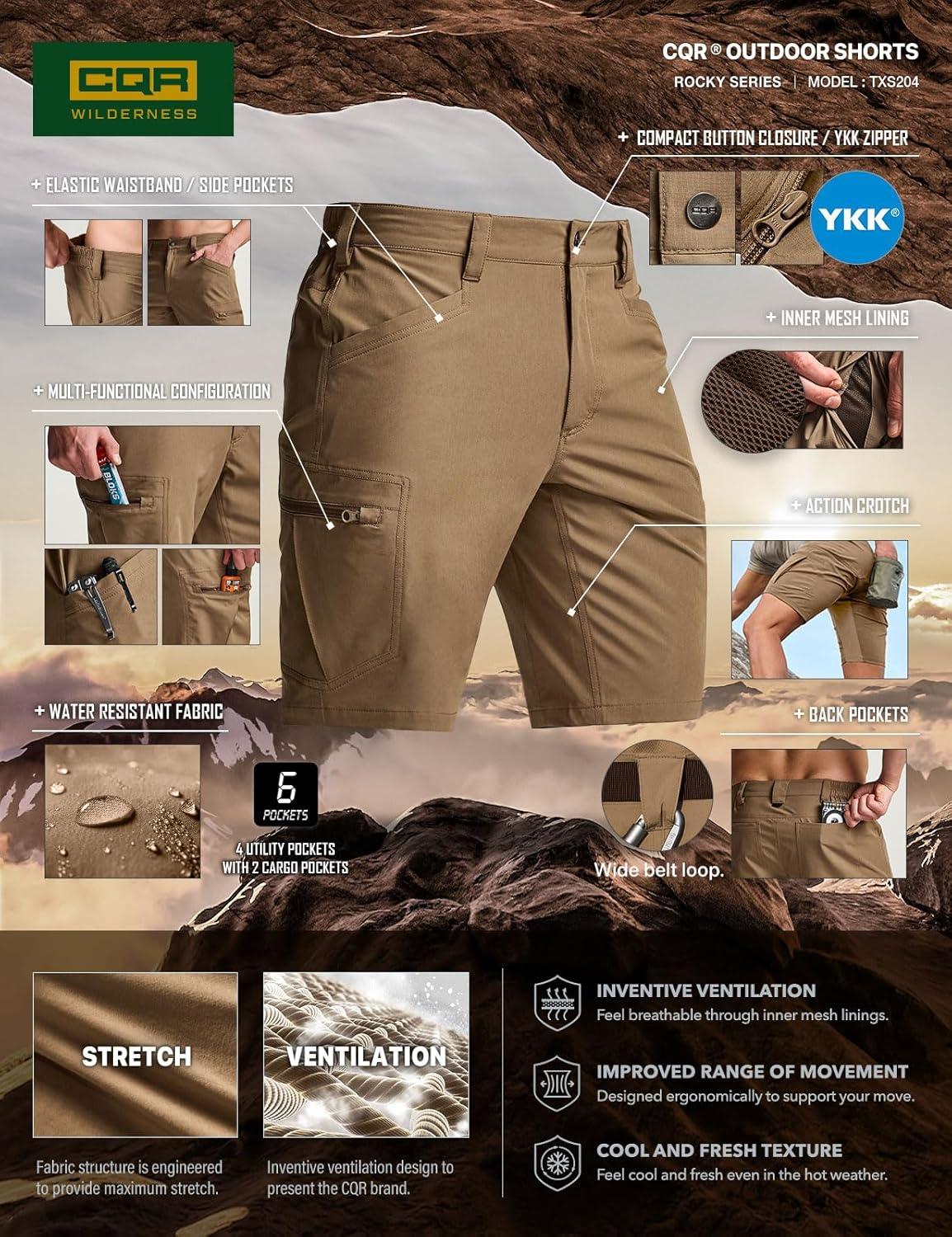 image:imageCQR Mens Quick Dry Stretch Hiking Cargo Shorts Lightweight Water Resistant Tactical Casual Golf amp Outdoor with PocketsRocky Hazelnut