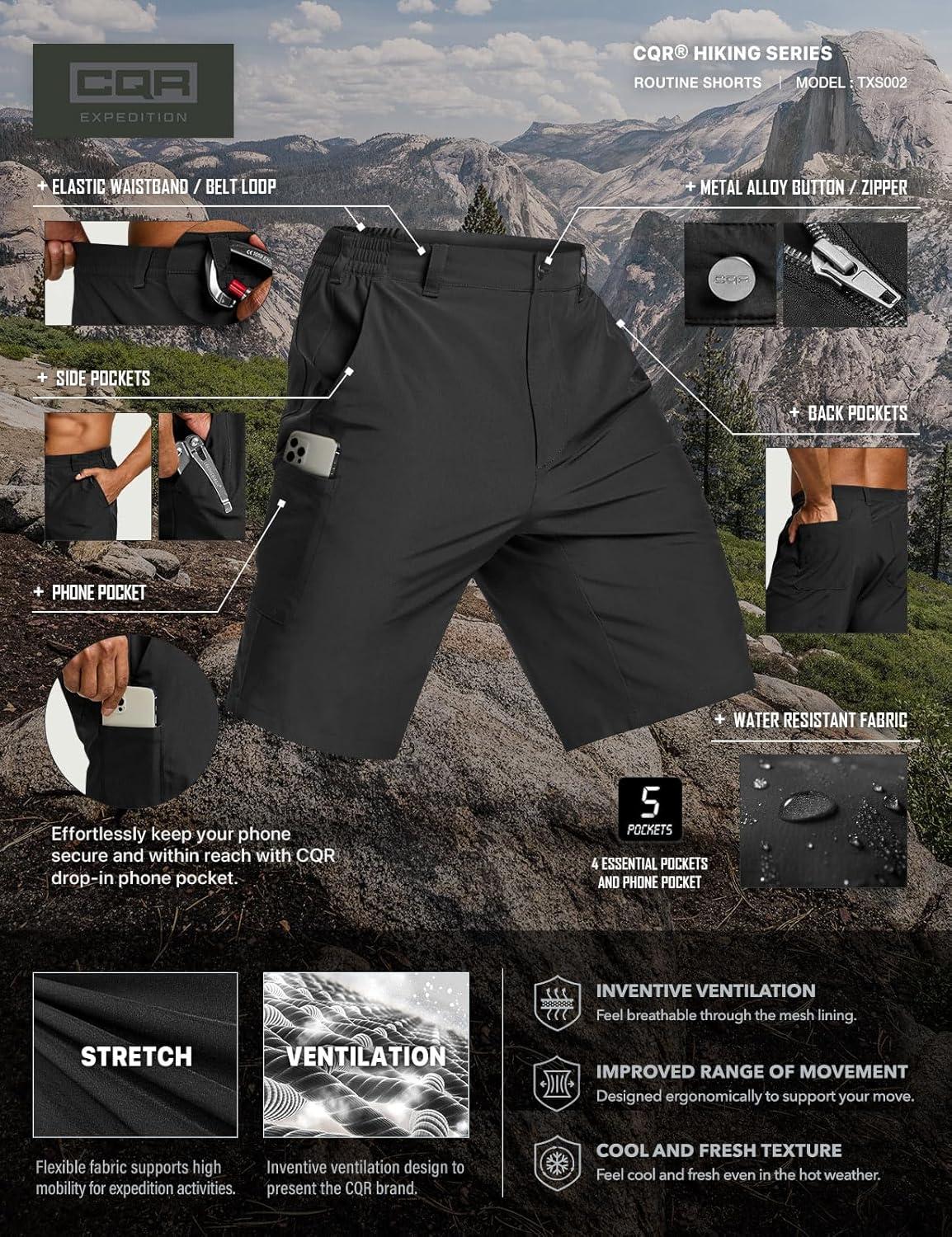 image:imageCQR Mens Quick Dry Stretch Hiking Cargo Shorts Lightweight Water Resistant Tactical Casual Golf amp Outdoor with PocketsRoutine Black