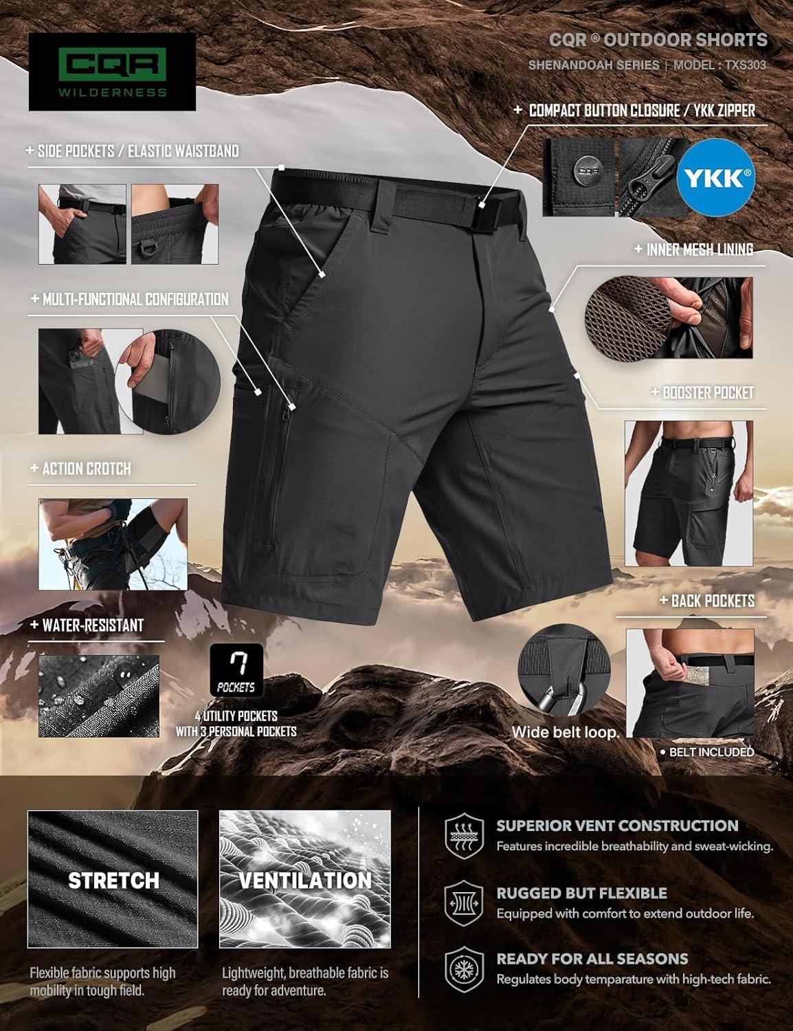 image:imageCQR Mens Quick Dry Stretch Hiking Cargo Shorts Lightweight Water Resistant Tactical Casual Golf amp Outdoor with PocketsShendo Trail WBelt Black
