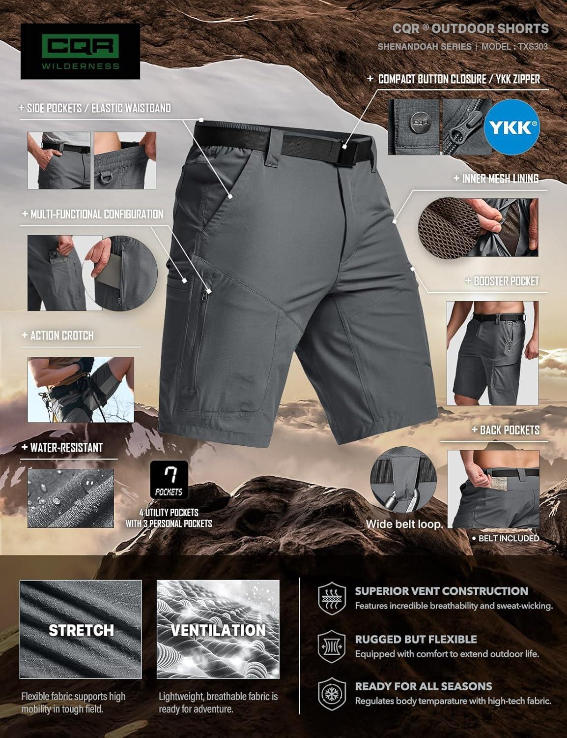 image:imageCQR Mens Quick Dry Stretch Hiking Cargo Shorts Lightweight Water Resistant Tactical Casual Golf amp Outdoor with PocketsShendo Trail WBelt Carbon Grey