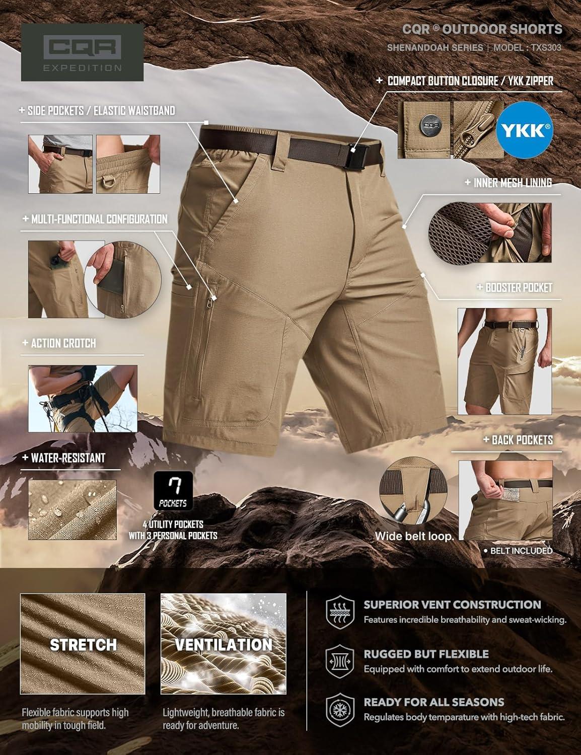 image:imageCQR Mens Quick Dry Stretch Hiking Cargo Shorts Lightweight Water Resistant Tactical Casual Golf amp Outdoor with PocketsShendo Trail WBelt Cougar