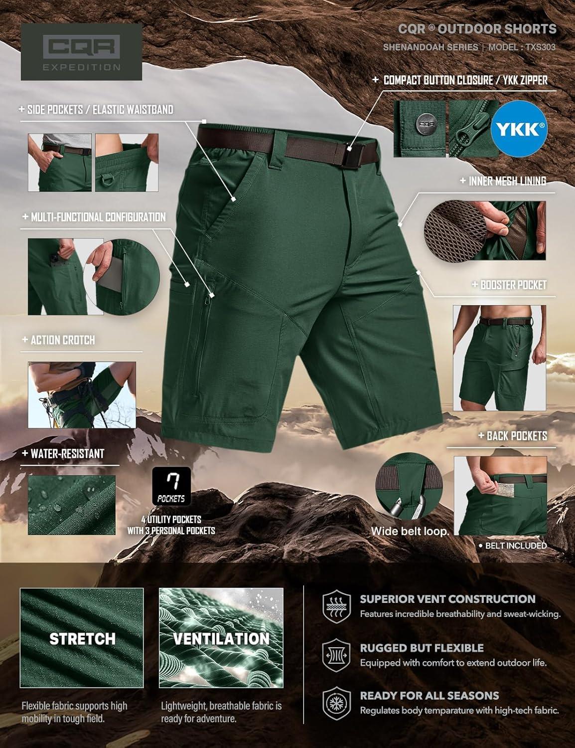 image:imageCQR Mens Quick Dry Stretch Hiking Cargo Shorts Lightweight Water Resistant Tactical Casual Golf amp Outdoor with PocketsShendo Trail WBelt Jade Green