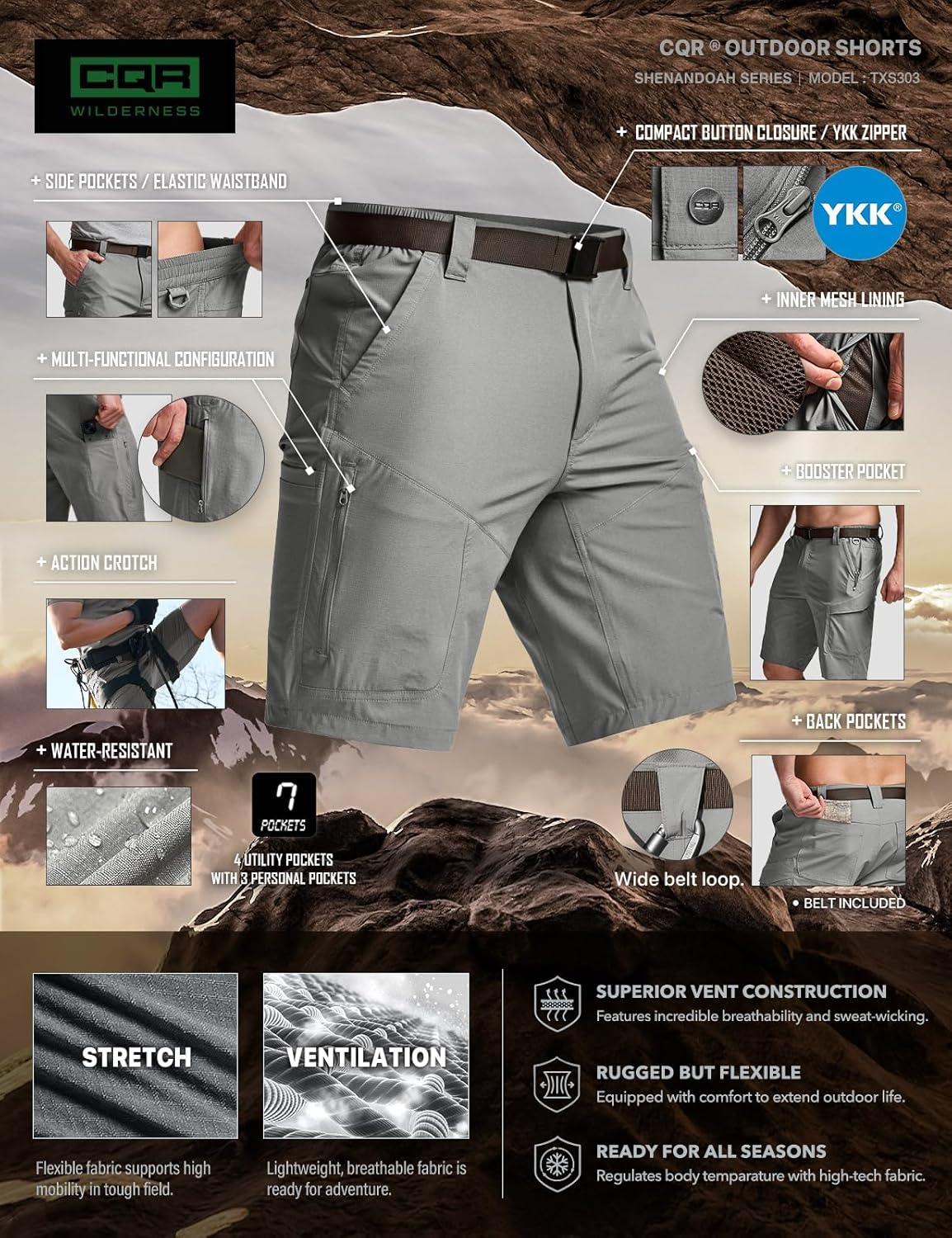 image:imageCQR Mens Quick Dry Stretch Hiking Cargo Shorts Lightweight Water Resistant Tactical Casual Golf amp Outdoor with PocketsShendo Trail WBelt Sage