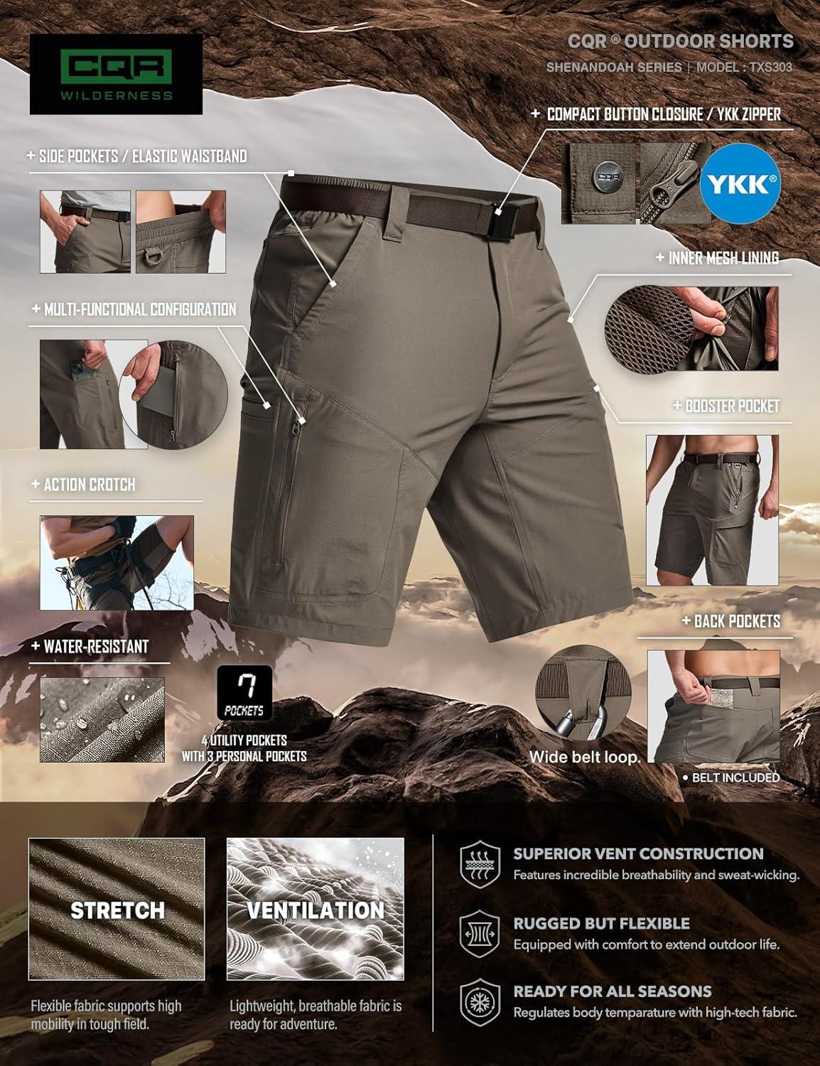 image:imageCQR Mens Quick Dry Stretch Hiking Cargo Shorts Lightweight Water Resistant Tactical Casual Golf amp Outdoor with PocketsShendo Trail WBelt Sand Khaki