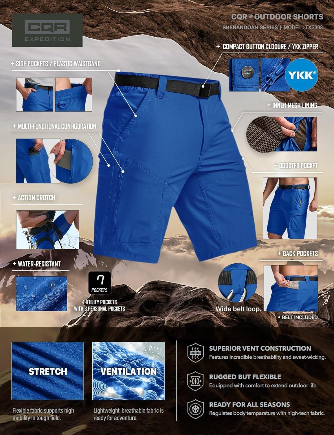 image:imageCQR Mens Quick Dry Stretch Hiking Cargo Shorts Lightweight Water Resistant Tactical Casual Golf amp Outdoor with PocketsShendo Trail WBelt Santorini Blue