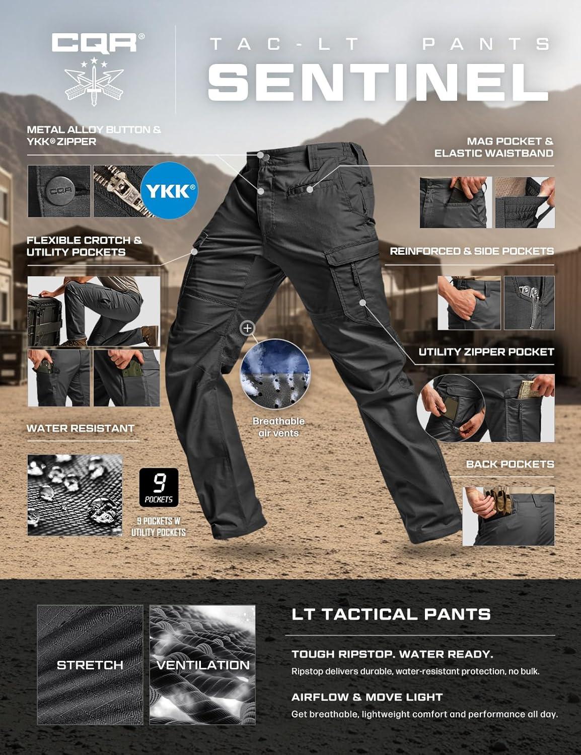 image:imageCQR Mens Utility Flex Cargo Pants ClassicFit Casual Stretch Work Pants Water Resistant Lightweight Tactical Hiking PantsSentinel Lib Black