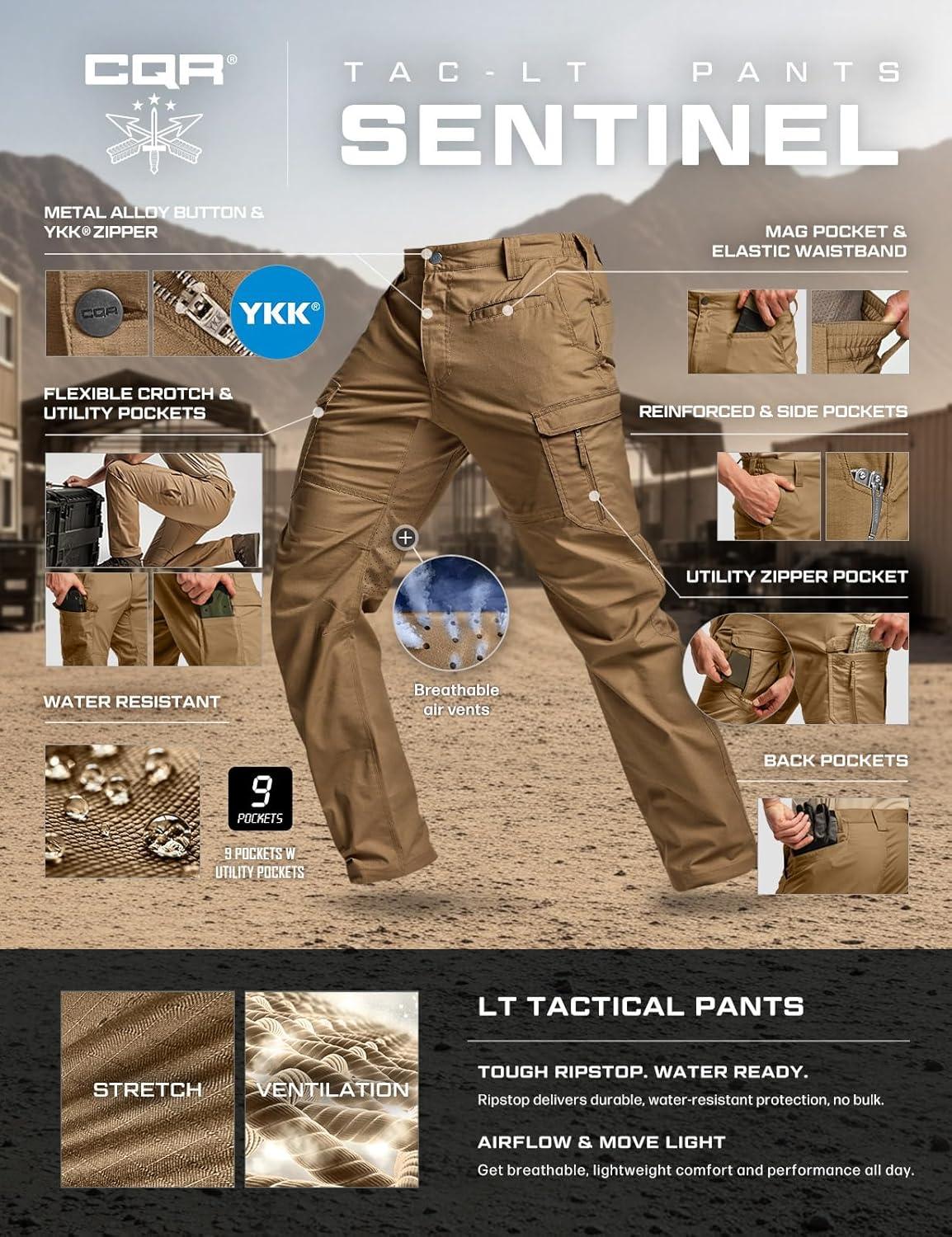 image:imageCQR Mens Utility Flex Cargo Pants ClassicFit Casual Stretch Work Pants Water Resistant Lightweight Tactical Hiking PantsSentinel Lib Cougar