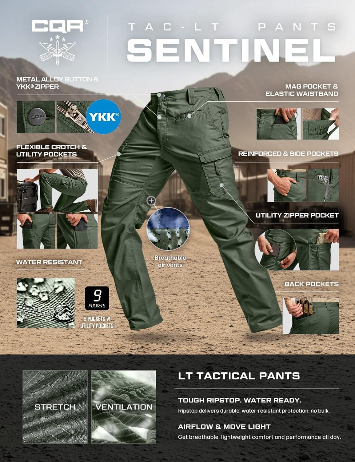 image:imageCQR Mens Utility Flex Cargo Pants ClassicFit Casual Stretch Work Pants Water Resistant Lightweight Tactical Hiking PantsSentinel Lib Green Kelp