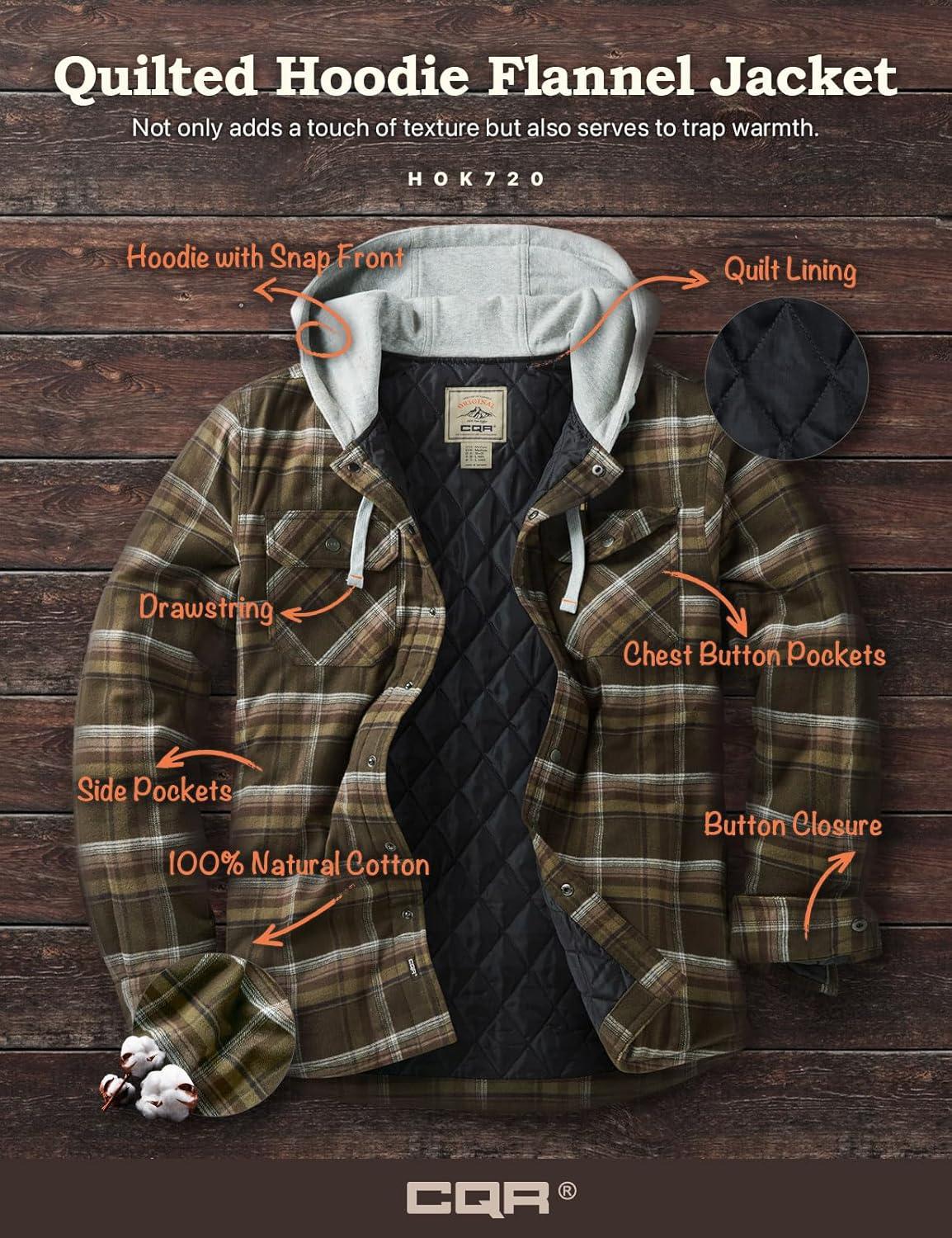 image:imageCQR Mens Flannel Shirt Jacket Long Sleeve Winter Warm Outdoor Casual Plaid Jacket Coat with PocketsHoodie Basic Hickory Green
