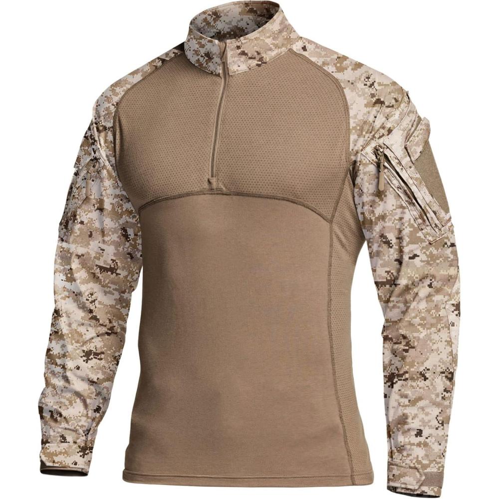 image:imageCQR Mens Combat Shirt Tactical 14 Zip Long Sleeve Military BDU Shirts Camo EDC Top with PocketsMilitary Print Shirts Marine Desert