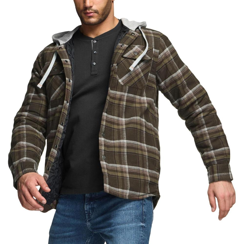 image:imageCQR Mens Flannel Shirt Jacket Long Sleeve Winter Warm Outdoor Casual Plaid Jacket Coat with PocketsHoodie Basic Hickory Green