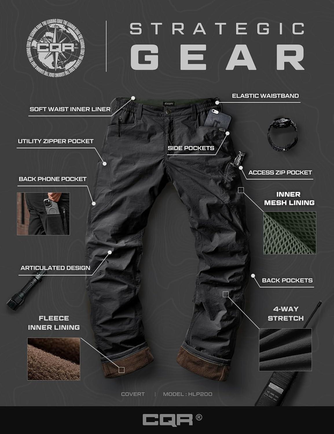 image:imageCQR Mens Winter Fleece Lined Pants WaterResistant Outdoor Stretch Work Pants Windproof Casual Pants with PocketsNylon Fleece Cargo Black