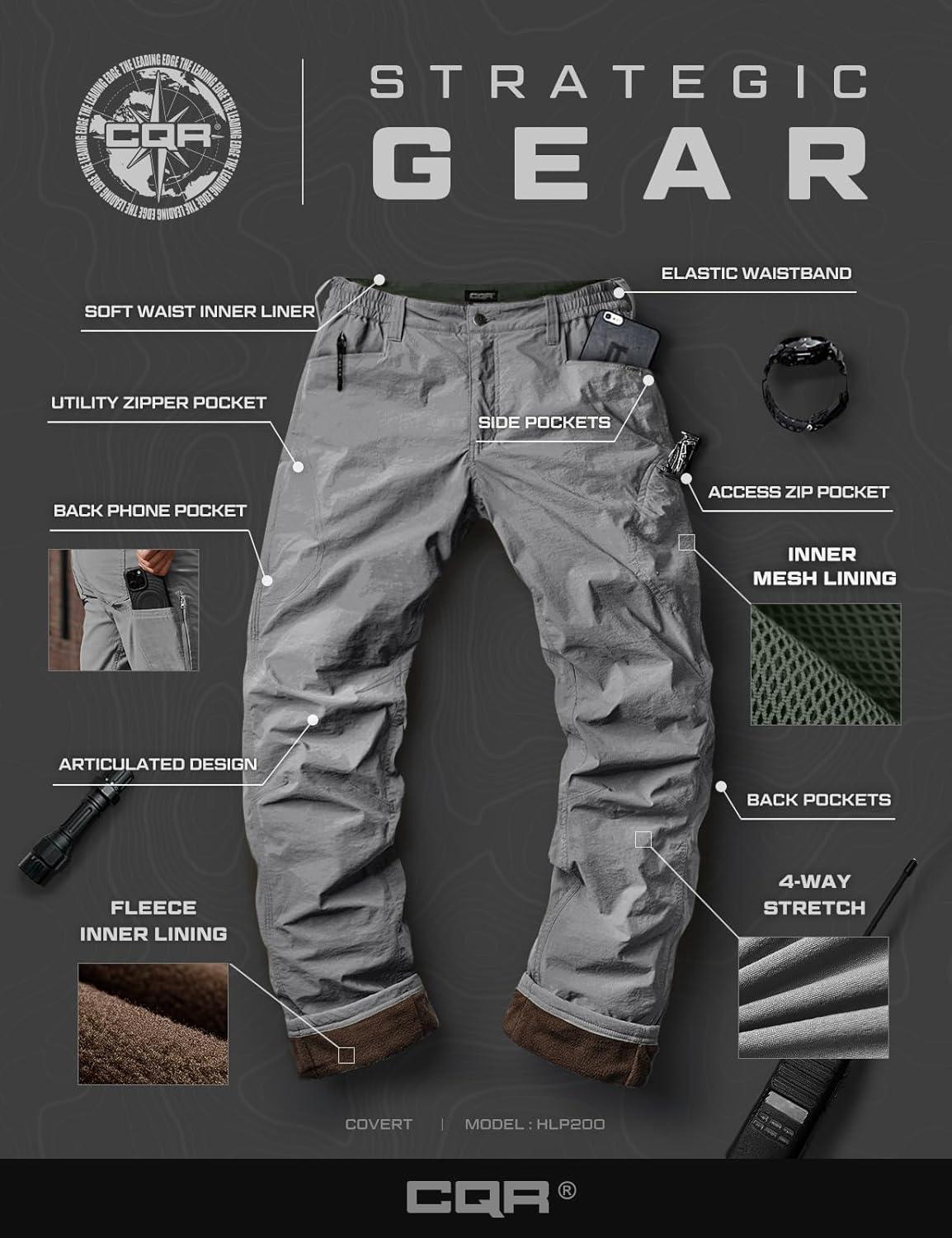 image:imageCQR Mens Winter Fleece Lined Pants WaterResistant Outdoor Stretch Work Pants Windproof Casual Pants with PocketsNylon Fleece Cargo Charcoal
