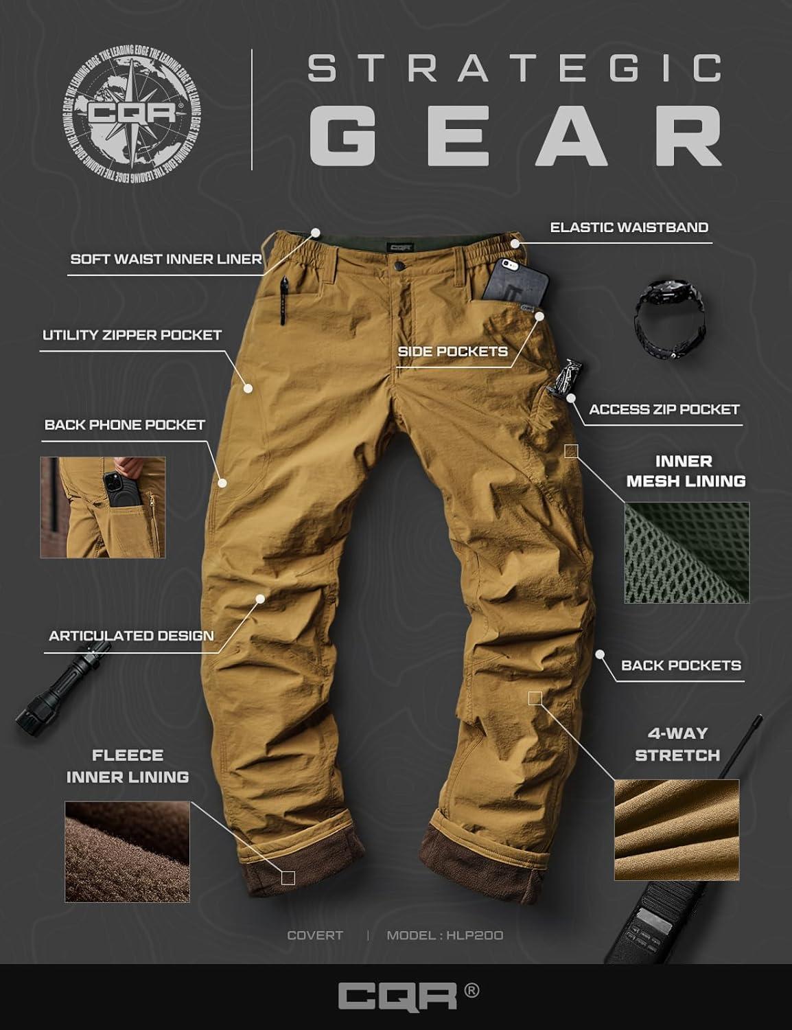 image:imageCQR Mens Winter Fleece Lined Pants WaterResistant Outdoor Stretch Work Pants Windproof Casual Pants with PocketsNylon Fleece Cargo Muddy