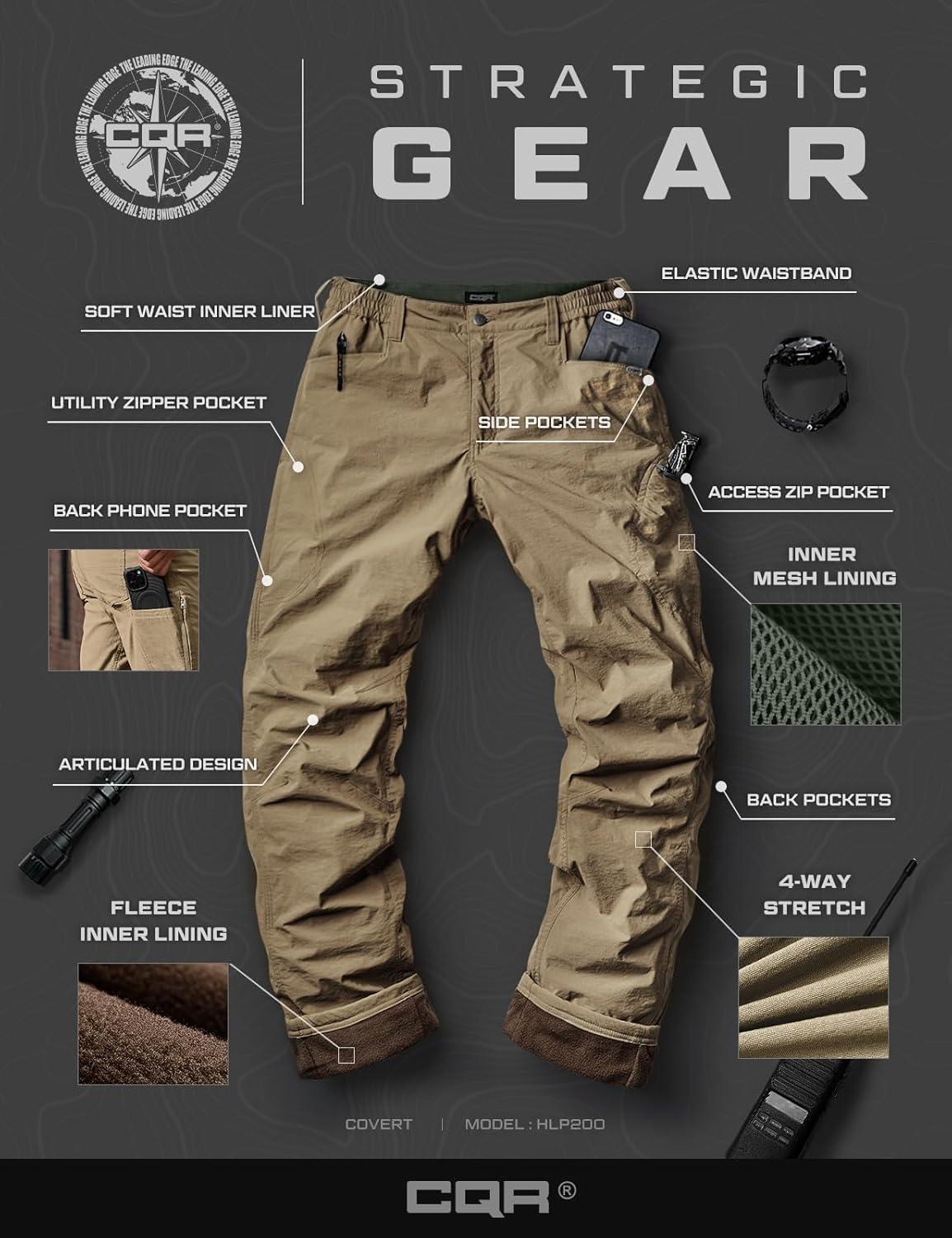 image:imageCQR Mens Winter Fleece Lined Pants WaterResistant Outdoor Stretch Work Pants Windproof Casual Pants with PocketsNylon Fleece Cargo Pale Khaki