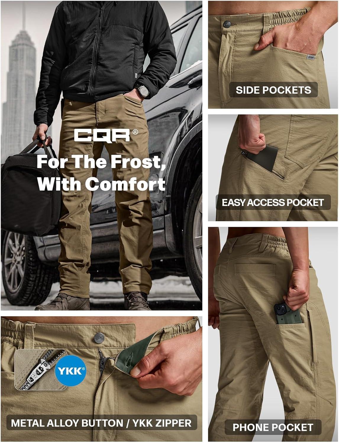 image:imageCQR Mens Winter Fleece Lined Pants WaterResistant Outdoor Stretch Work Pants Windproof Casual Pants with PocketsNylon Fleece Cargo Pale Khaki