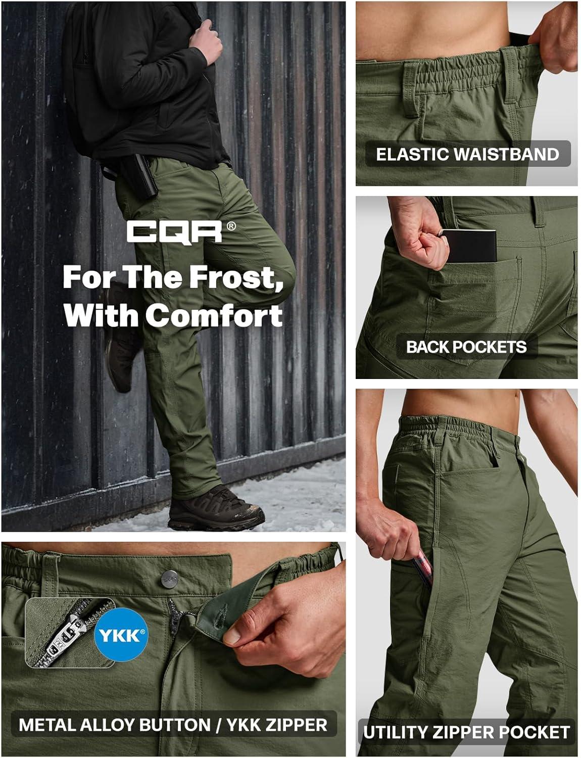 image:imageCQR Mens Winter Fleece Lined Pants WaterResistant Outdoor Stretch Work Pants Windproof Casual Pants with PocketsNylon Fleece Cargo Storm Green