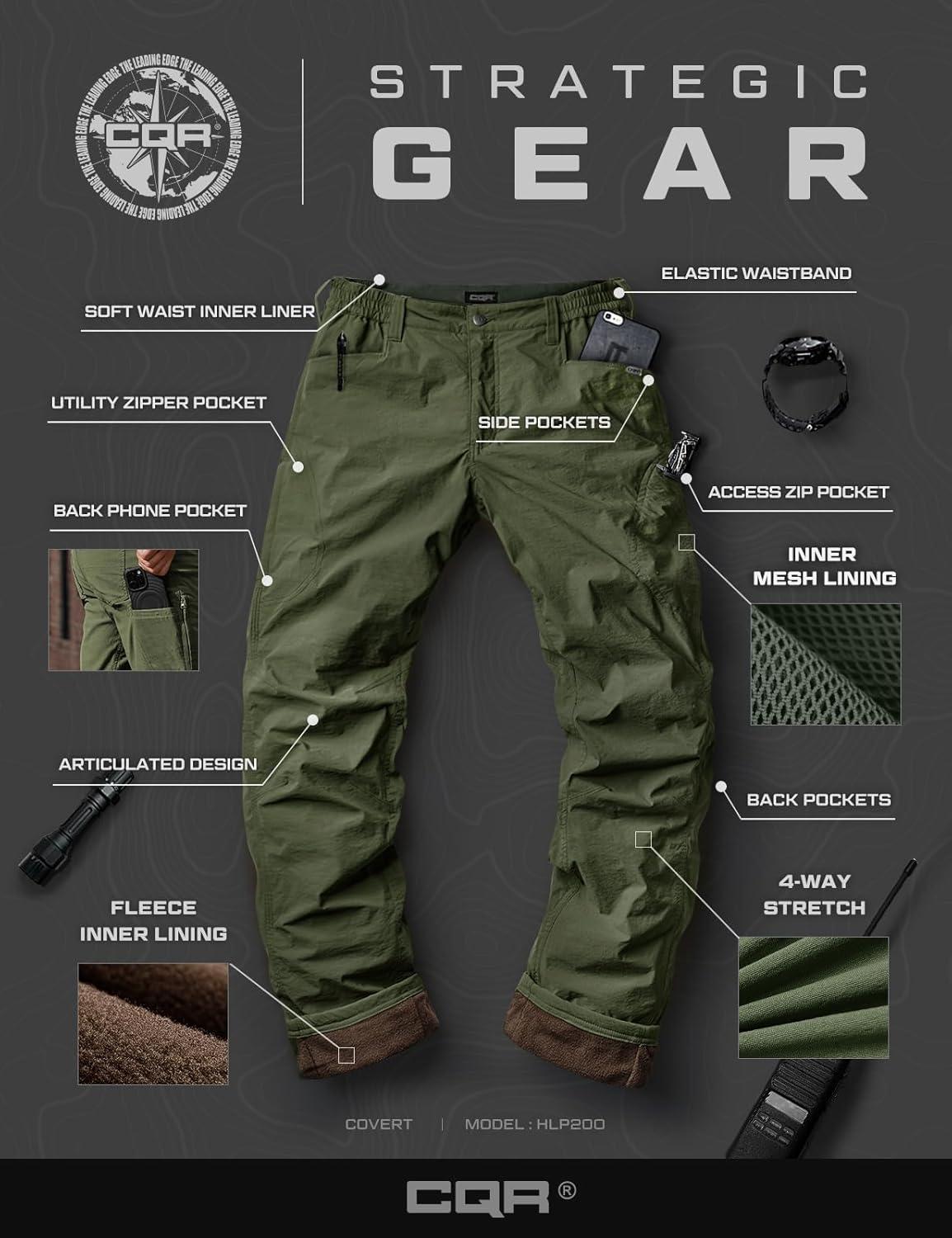 image:imageCQR Mens Winter Fleece Lined Pants WaterResistant Outdoor Stretch Work Pants Windproof Casual Pants with PocketsNylon Fleece Cargo Storm Green