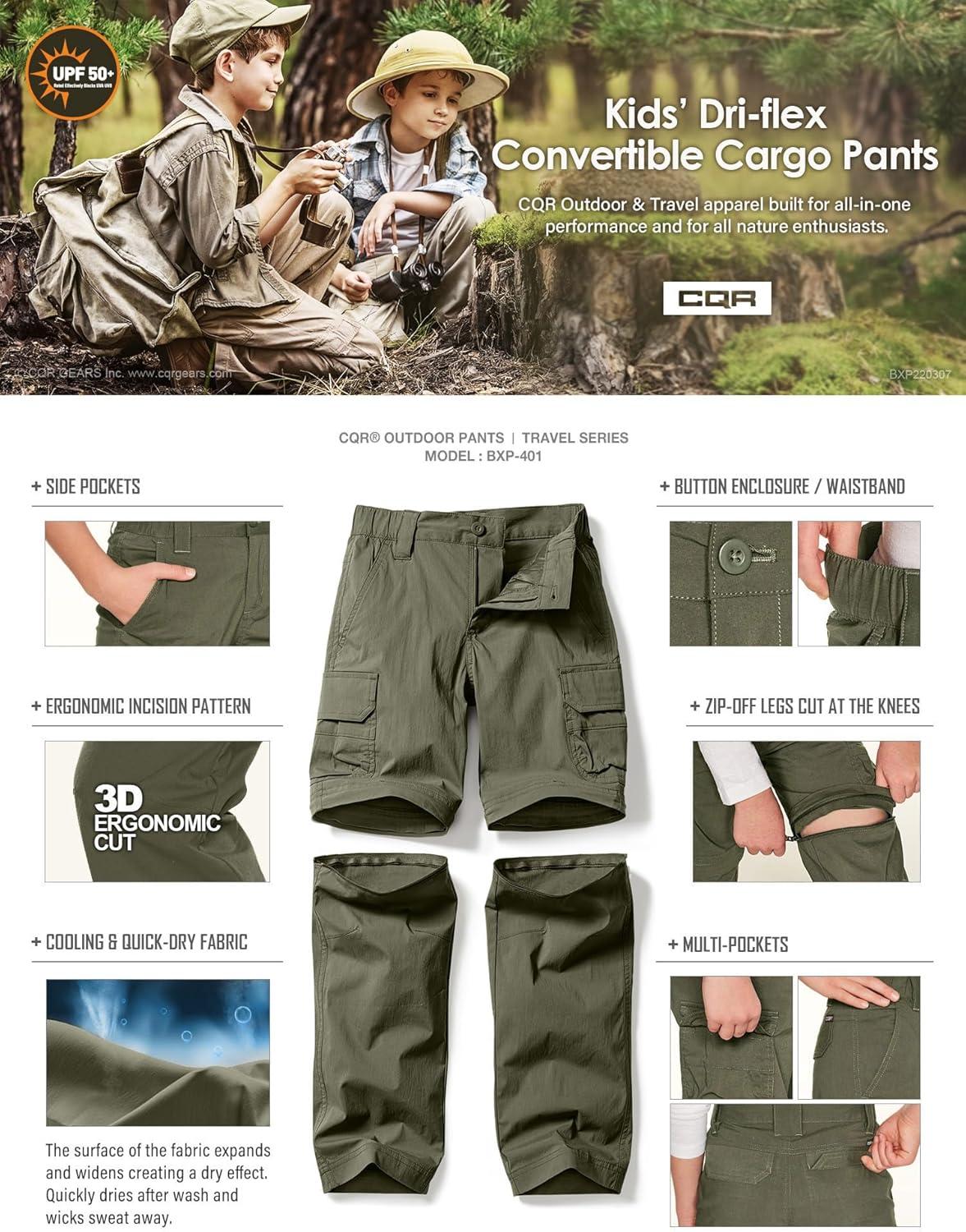 image:imageCQR Kids Youth Hiking Cargo Pants UPF 50 Quick Dry Convertible Zip Off Pants Outdoor Camping PantsConvertible Army Green
