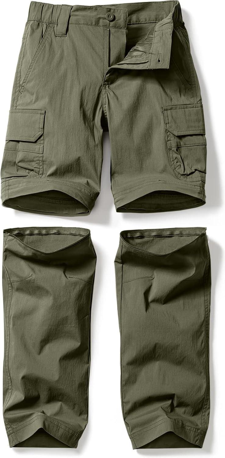 image:imageCQR Kids Youth Hiking Cargo Pants UPF 50 Quick Dry Convertible Zip Off Pants Outdoor Camping PantsConvertible Army Green