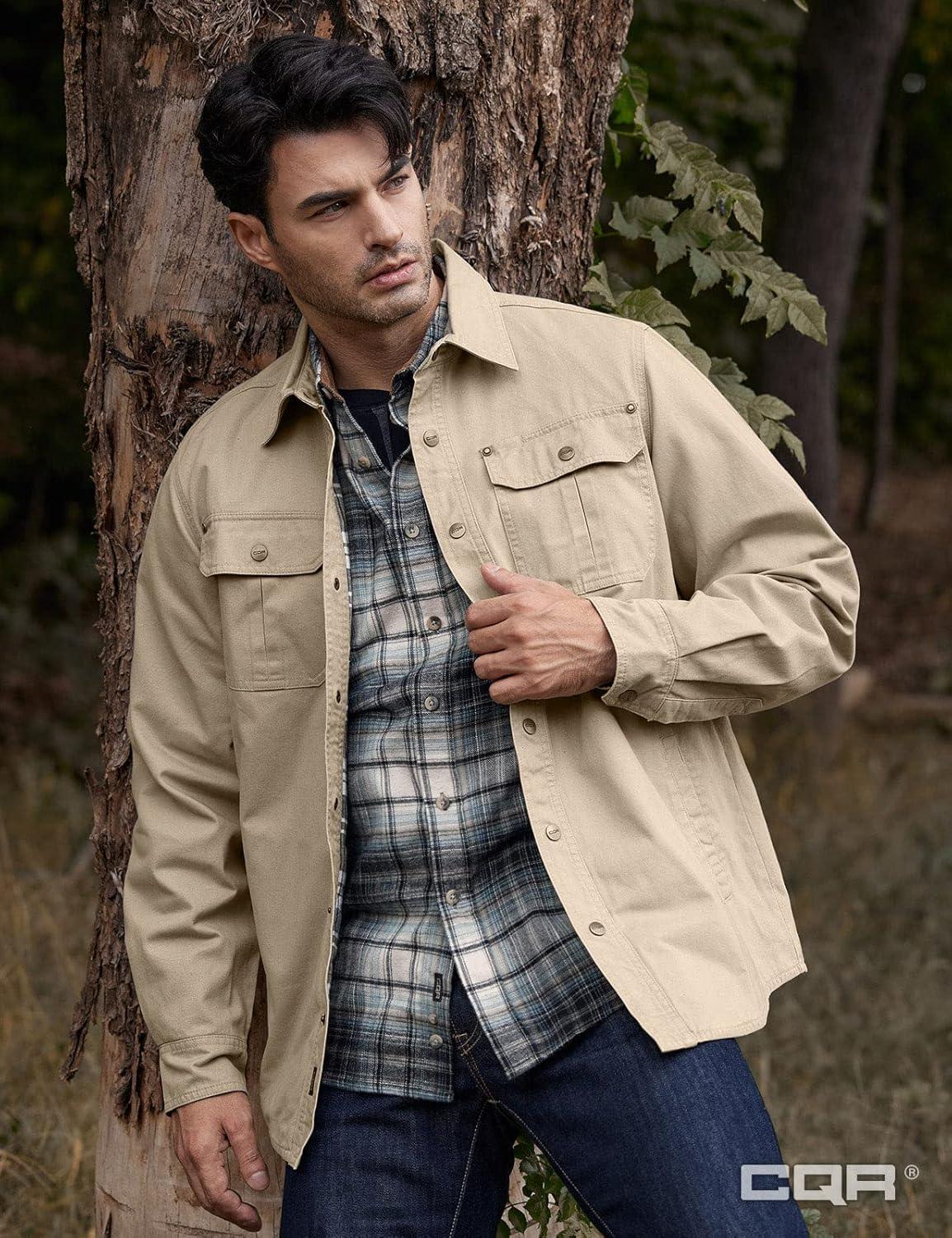 image:imageCQR Mens Twill All Cotton Flannel Lined Shirt Jacket Soft Brushed Outdoor Shirt Jacket