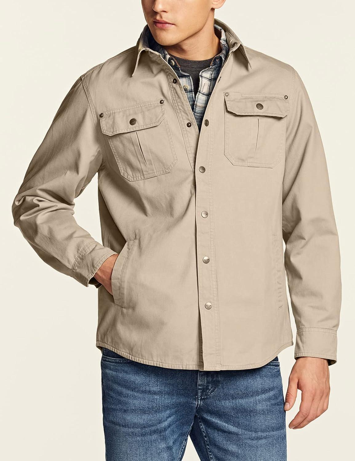 image:imageCQR Mens Twill All Cotton Flannel Lined Shirt Jacket Soft Brushed Outdoor Shirt Jacket