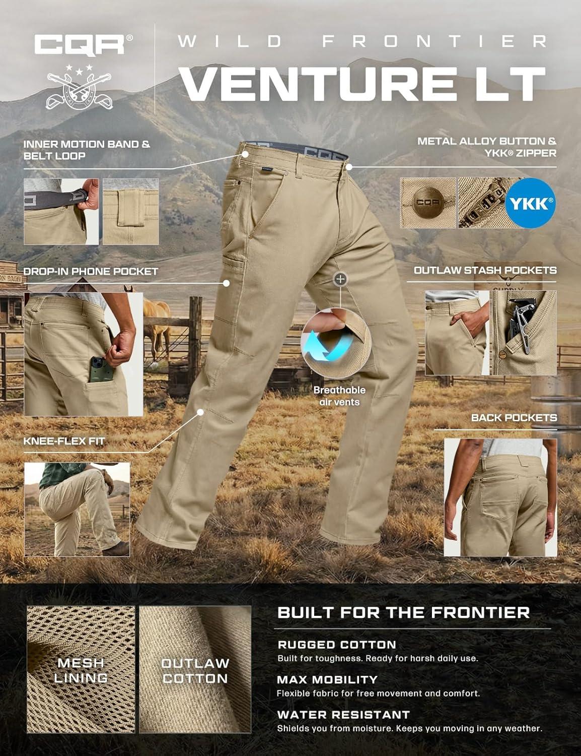 image:imageCQR Mens Motion Utility Casual Pants Regular Fit Lightweight Work Pants Water Resistant Outdoor Stretch Pants with PocketsVenture Lt Alamo Khaki