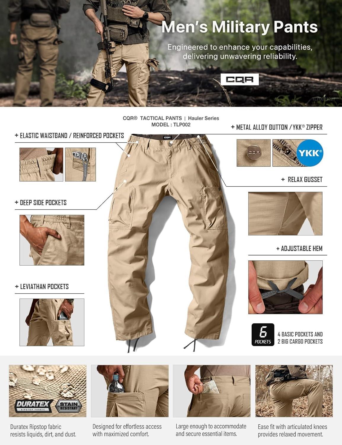 image:imageCQR Mens Military Cargo Pants Water Resistant Ripstop Army Combat Tactical Pants Outdoor Hunting Hiking EDC Work PantsHauler Alamo Khaki